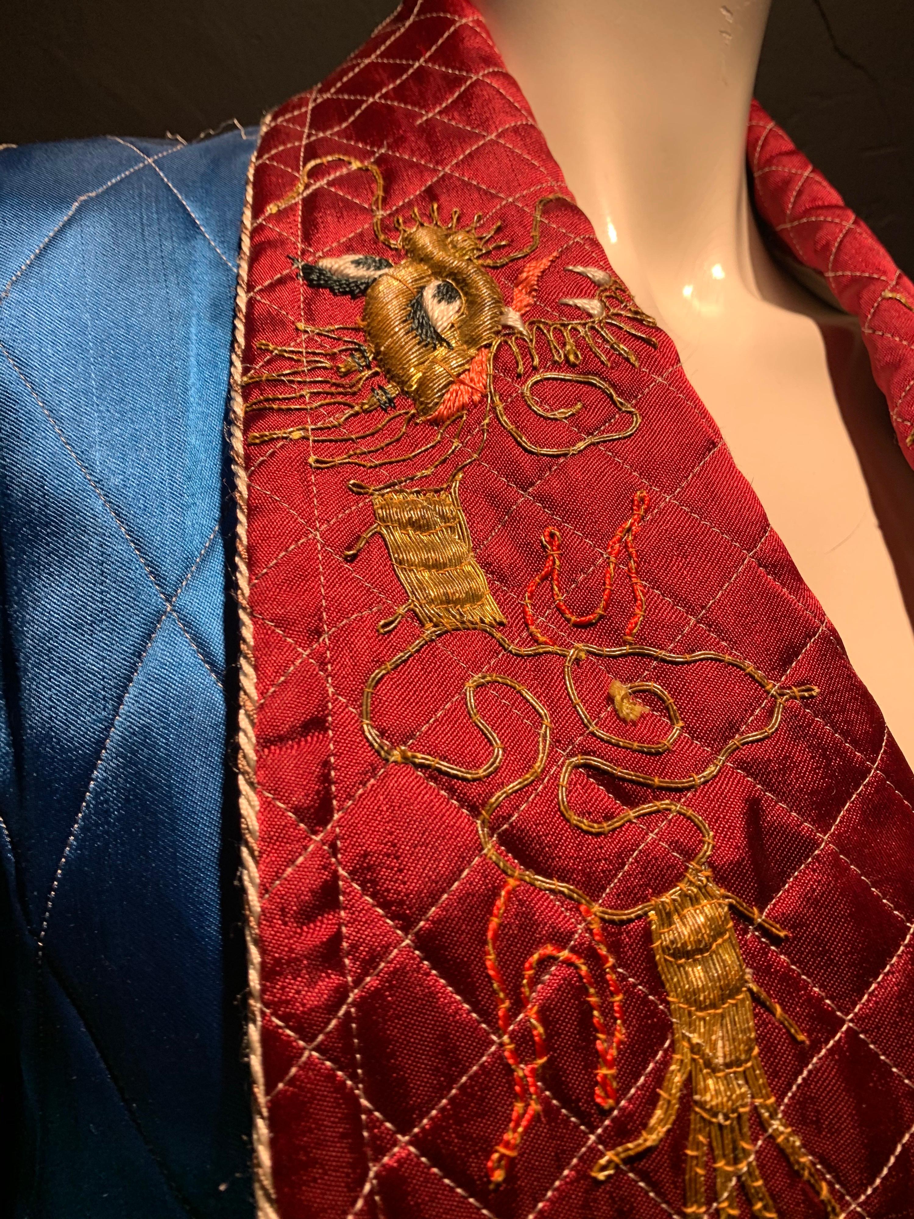 Women's or Men's 1940s Quilted Chinese Men's Satin Smoking Jacket W/ Gold Embroidered Dragons