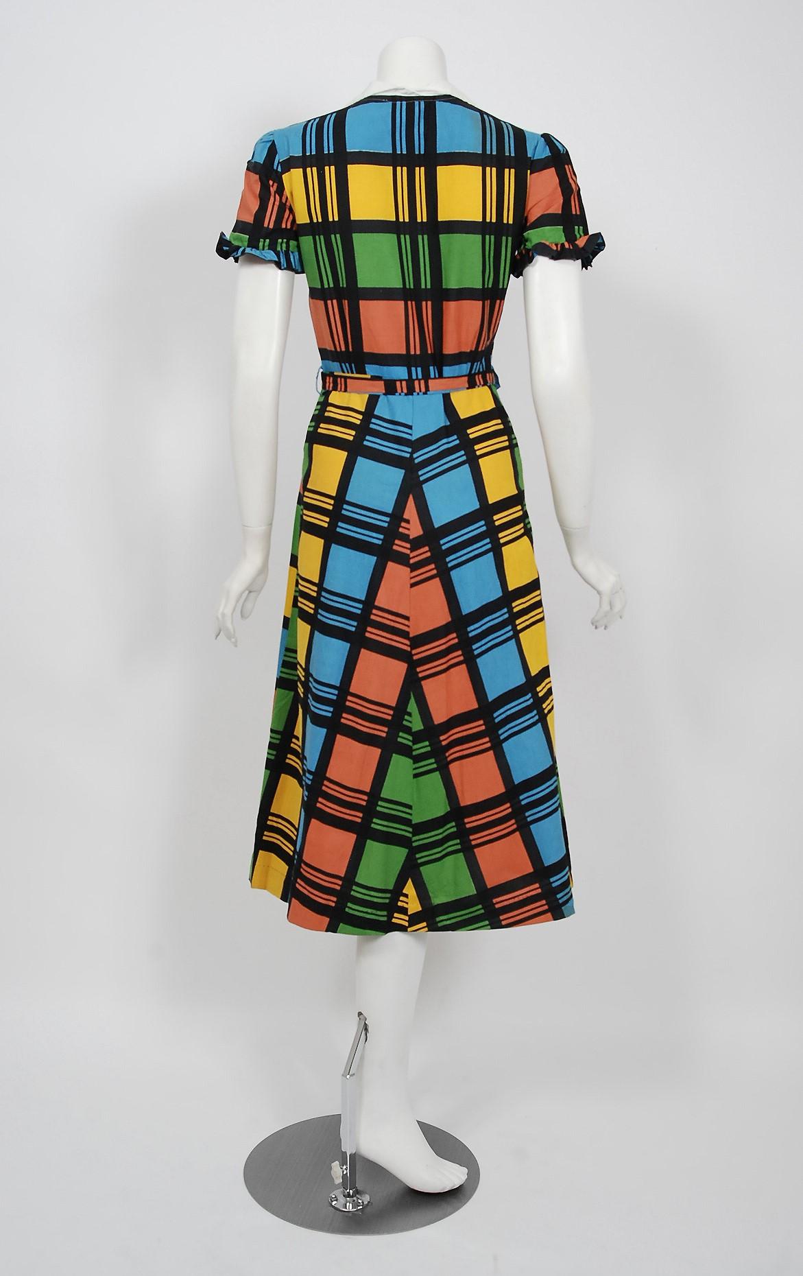Black Vintage 1940's Rainbow Plaid Print Cotton Button-Down Belted Swing Dress w/ Tags