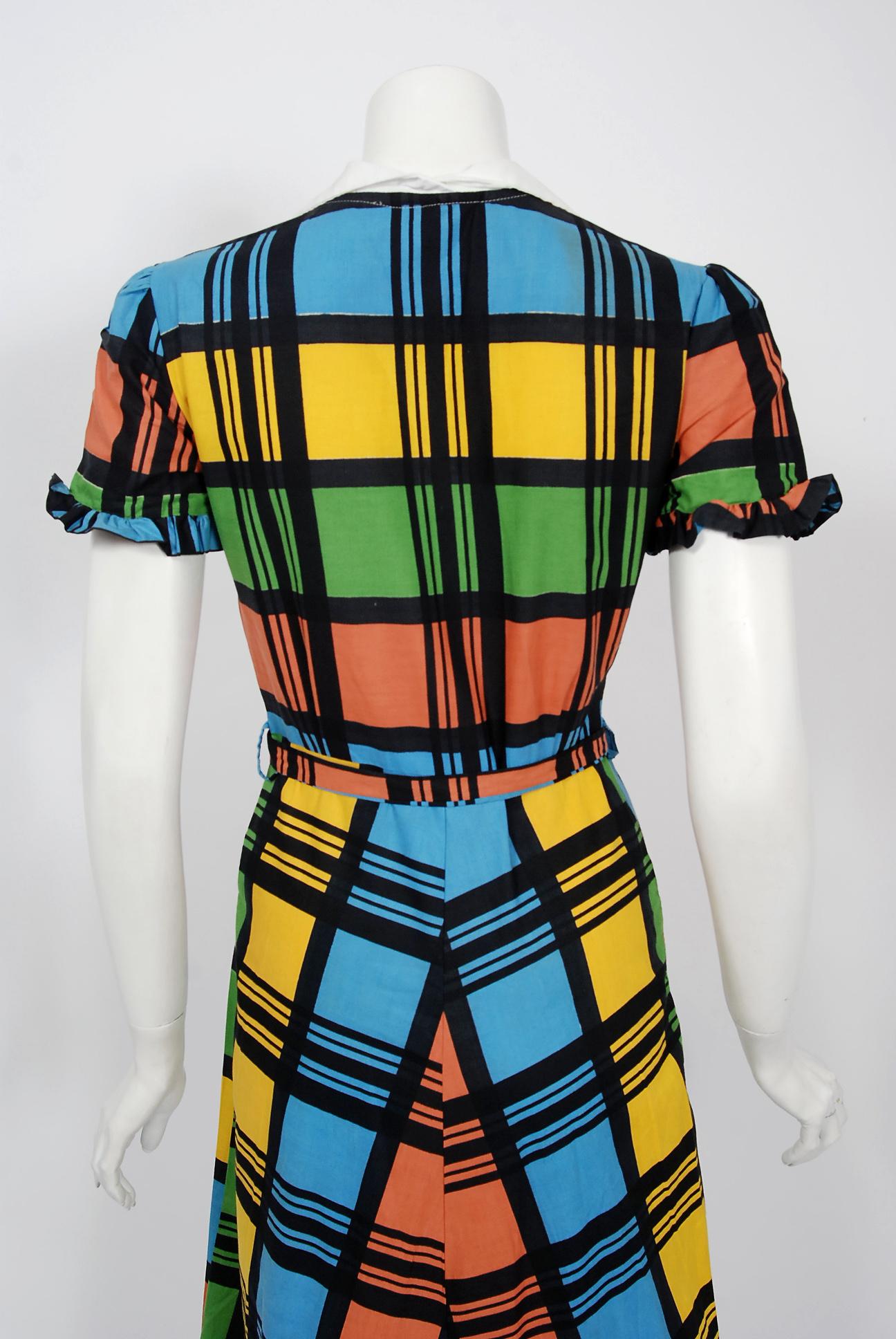 Vintage 1940's Rainbow Plaid Print Cotton Button-Down Belted Swing Dress w/ Tags In Excellent Condition In Beverly Hills, CA