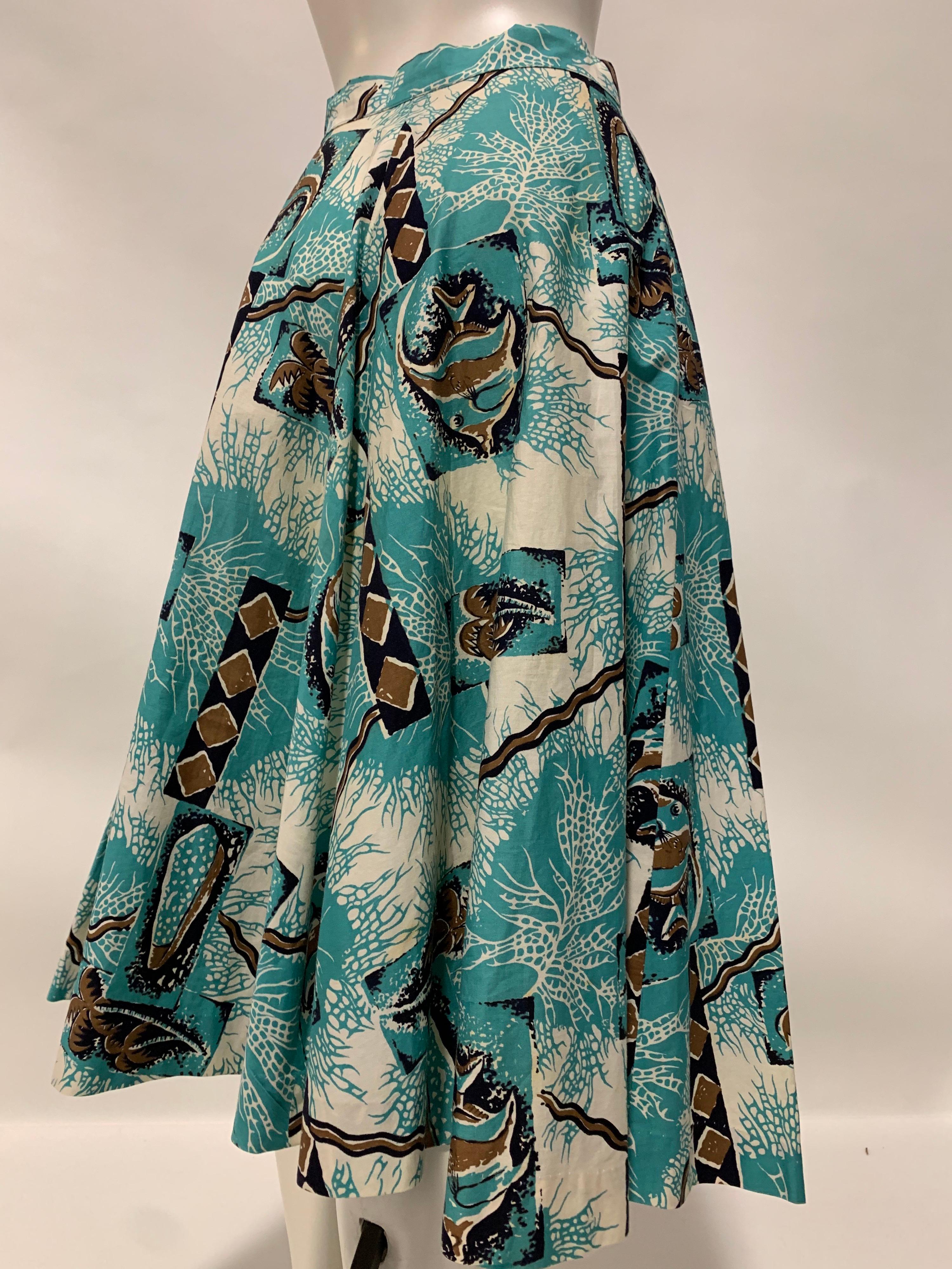 1940s Rare Alfred Shaheen Cotton Tropical Print Coconut Button Front Skirt  2