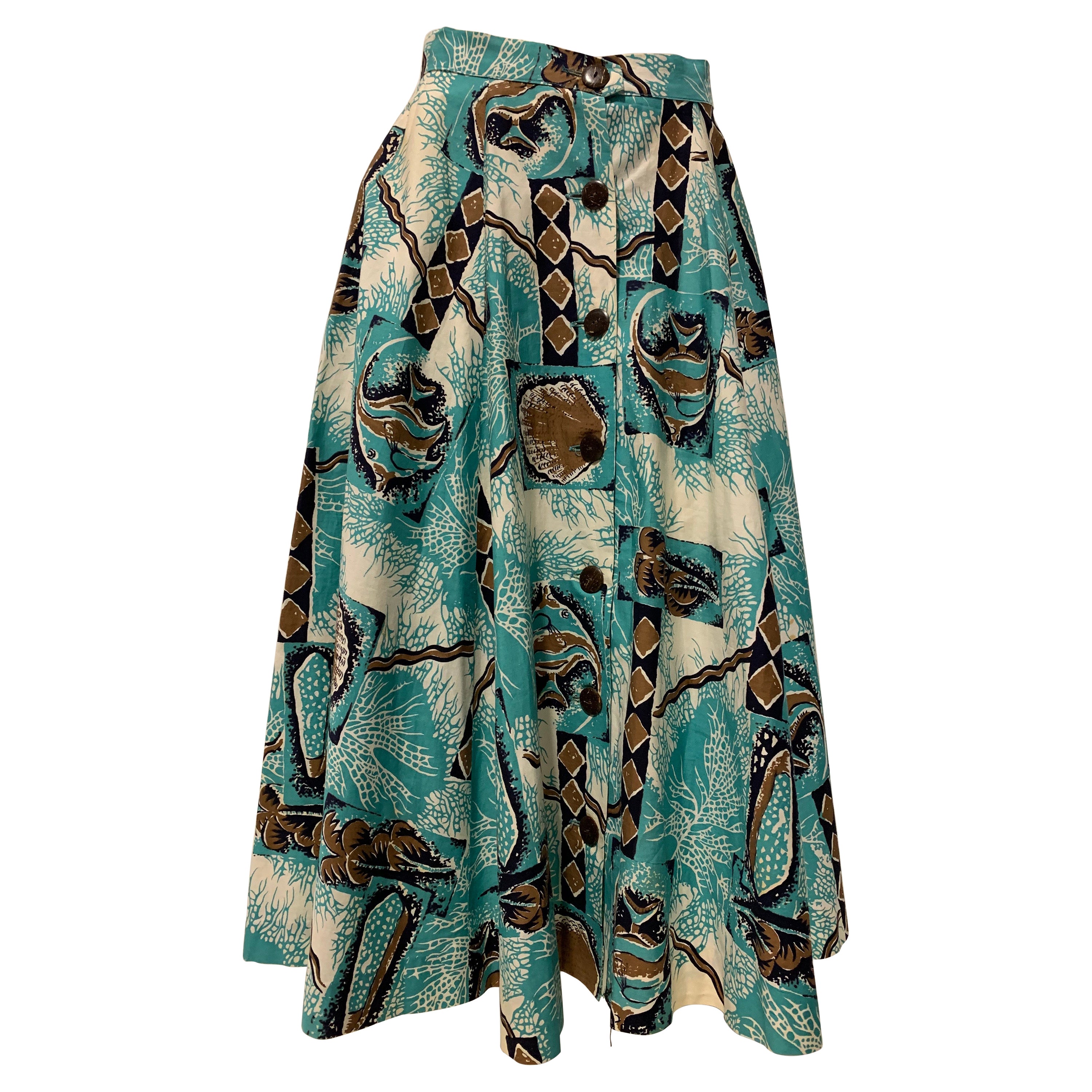1940s Rare Alfred Shaheen Cotton Tropical Print Coconut Button Front Skirt