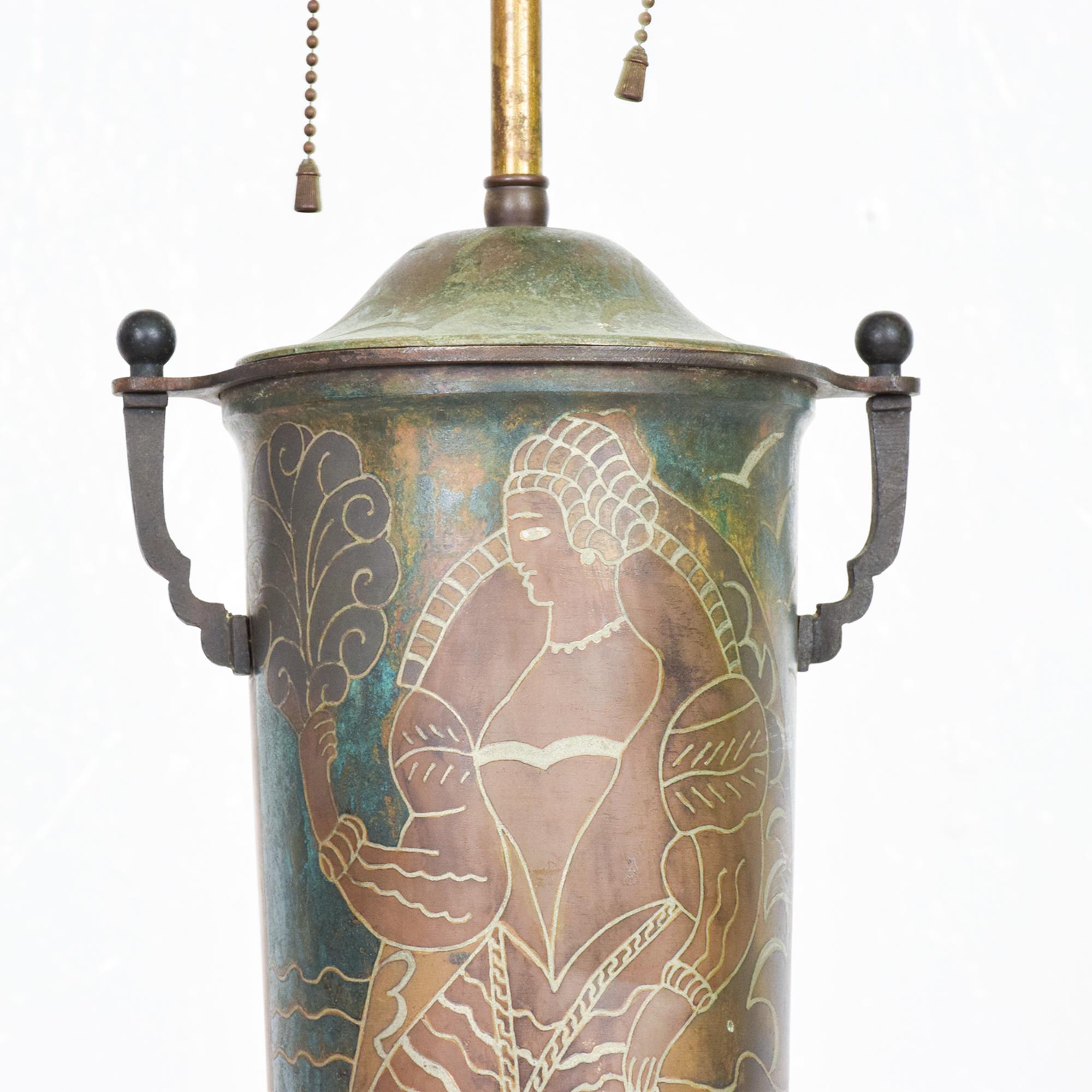 Fabulous French Art Deco Dinanderi Metal Urn Table Lamp  M Poincet  1920s France 1