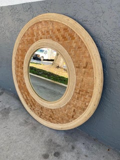 1940s Rare Large Organic Rattan Reeded and Braided Wall Mirror