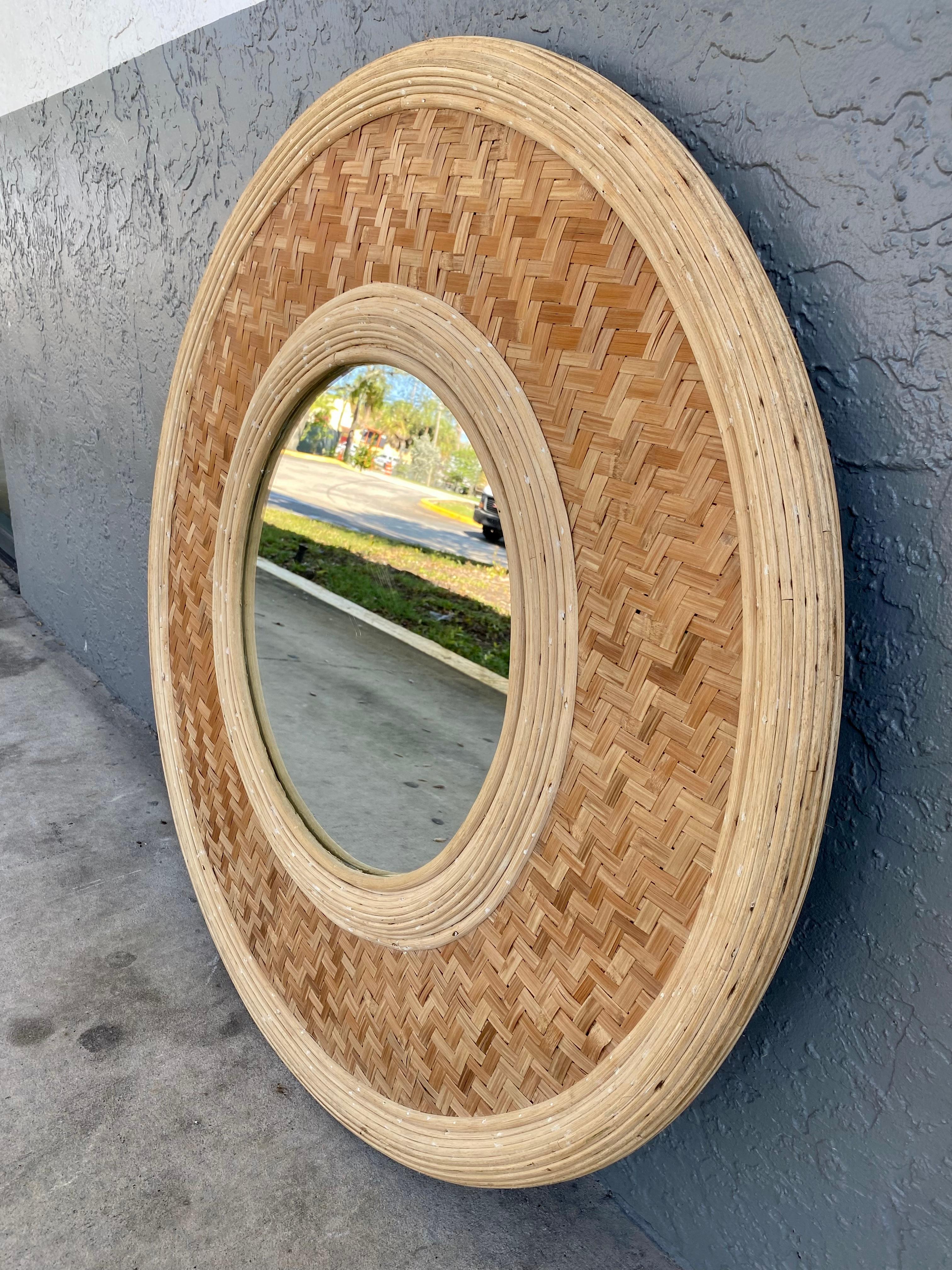 Mid-Century Modern 1940s Rare Large Organic Rattan Reeded and Braided Wall Mirror For Sale