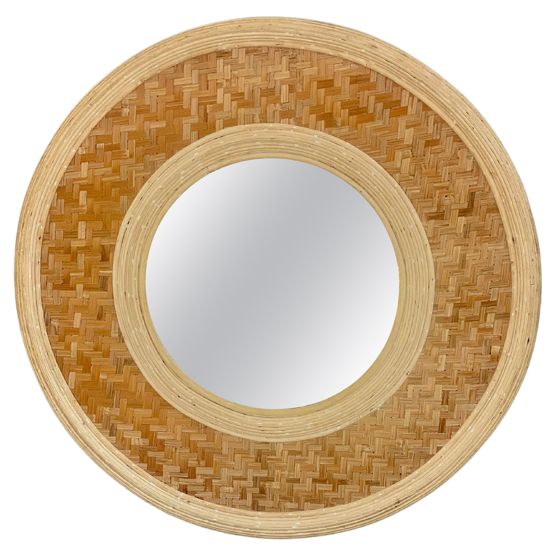 1940's Rare Large Organic Rattan Reeded and Braided Wall Mirror en vente