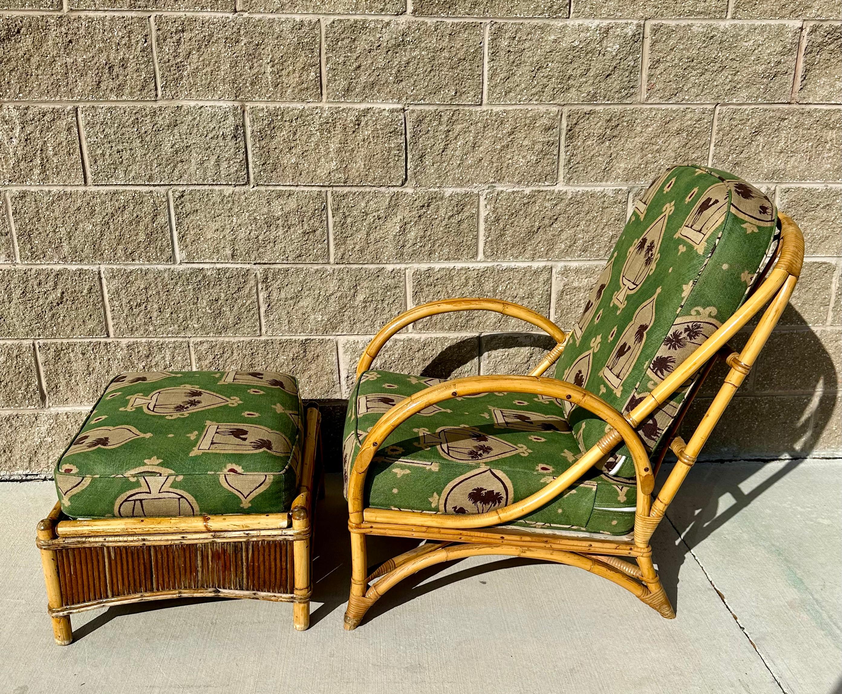 Vintage rare 1940s rattan lounge chair and ottoman. Beautifully reupholstered great quality piece in good vintage condition with some age wear to the rattan. This sofa would compliment any Regency, Mid Century Modern, or eclectic home.
 