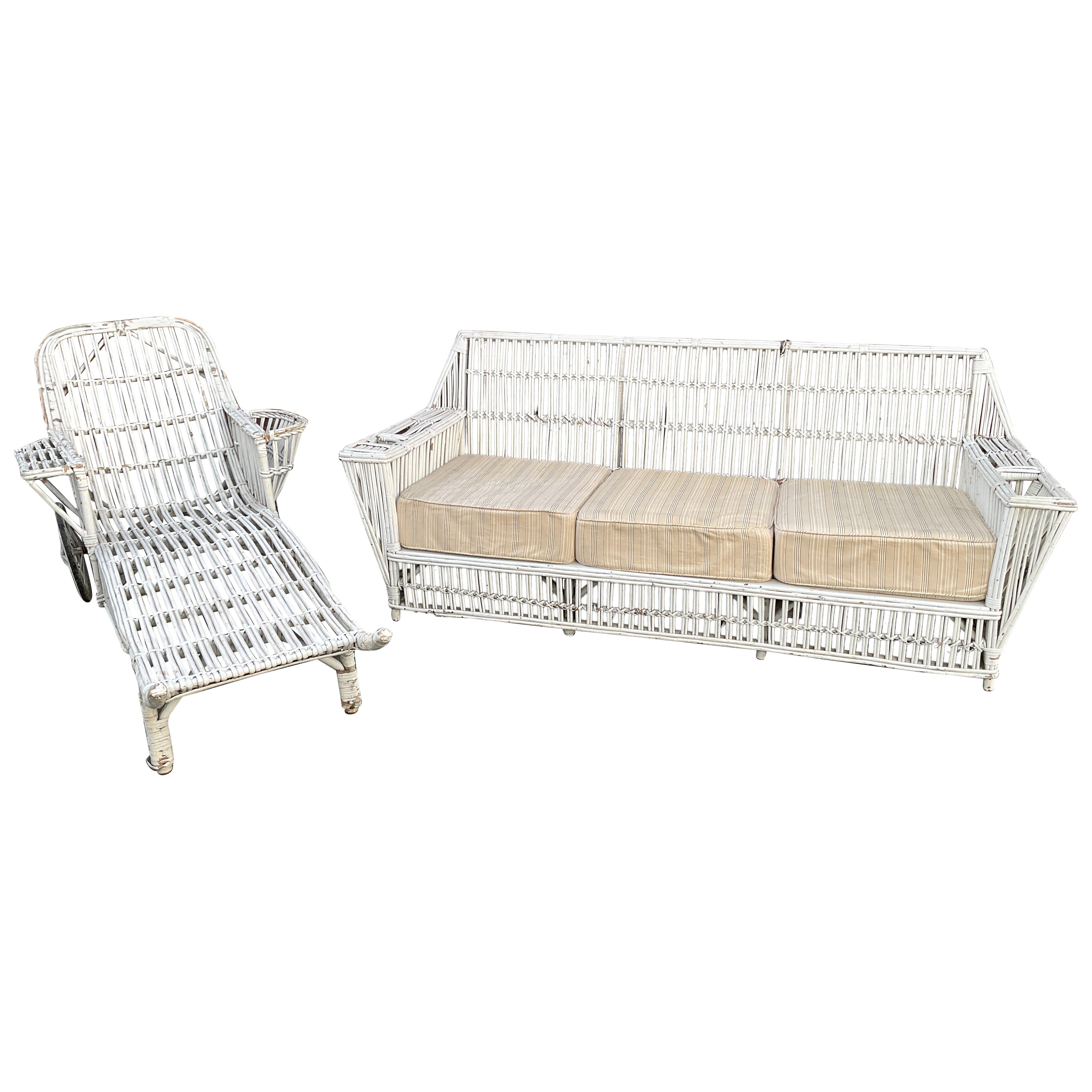 Divano e chaise longue in rattan anni '40