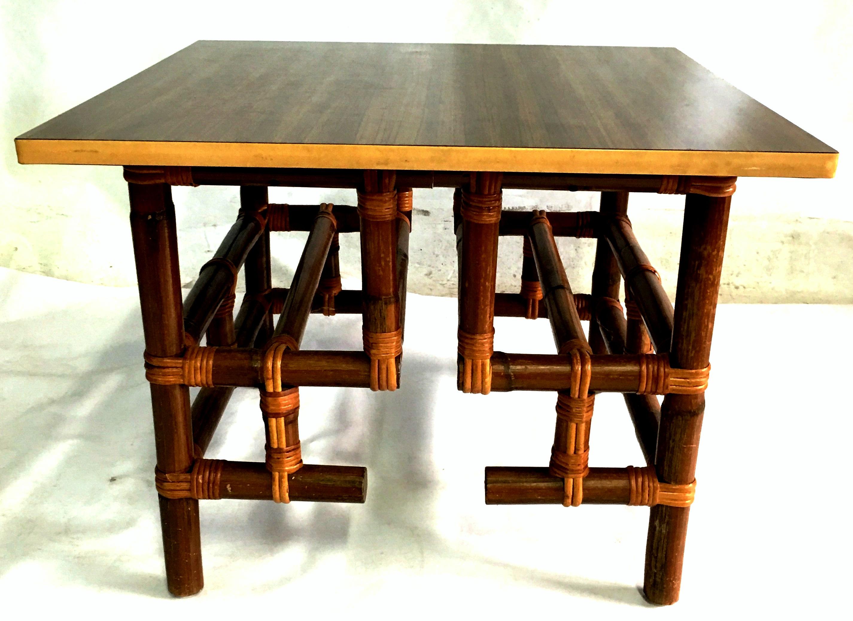 1940'S  Rattan, Cane & Formica top cocktail or side table by, Calif-Asia. Top is finished in Formica over MDF. Can be used as a cocktail table or side table. 