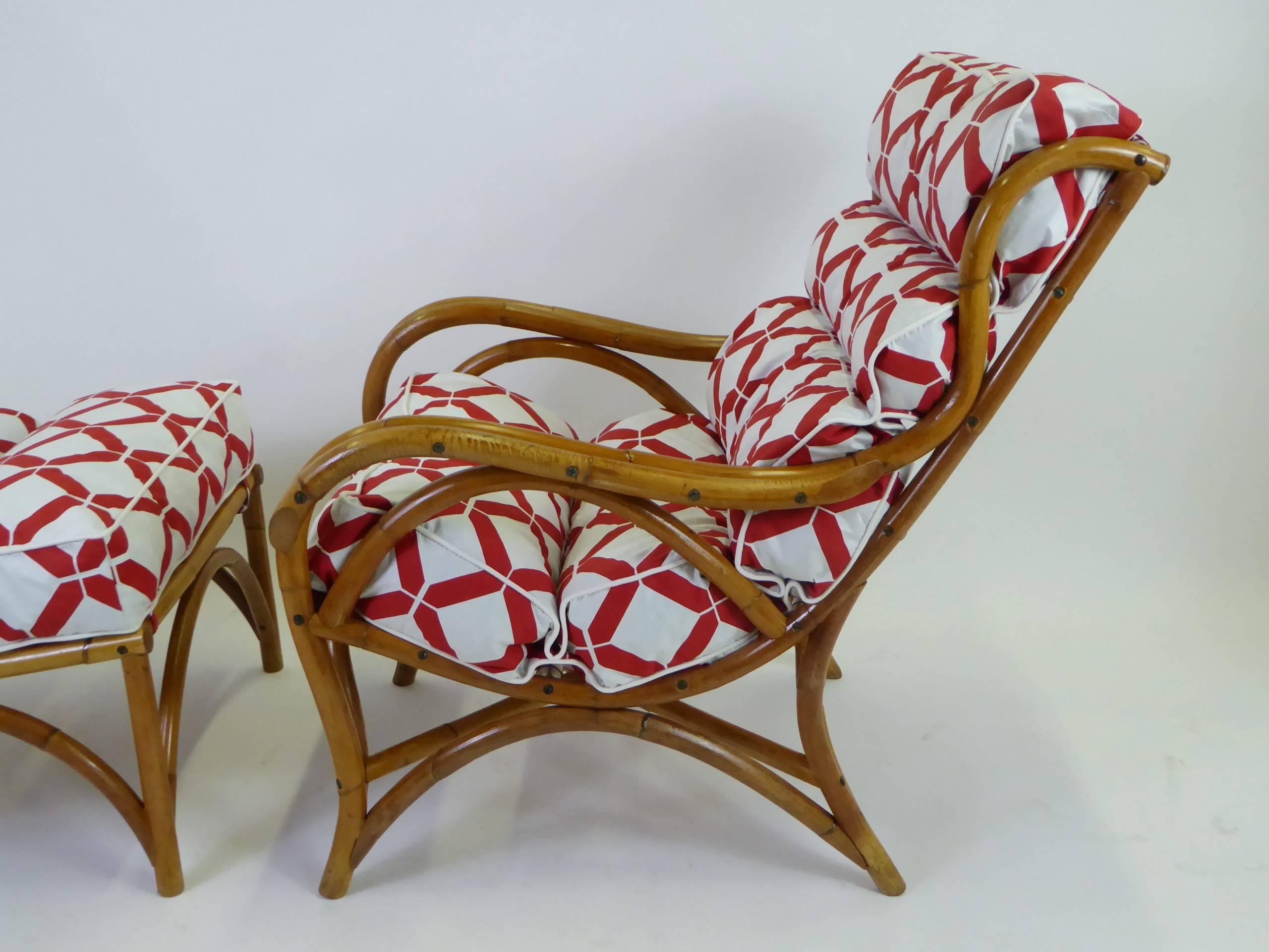 High style 1940s rattan lounge chair and ottoman with new lattice motif fabric cushion upholstery with ties. The two-piece ensemble of bent and shaped Rattan with a wing-back style upper. Comfortable leg supporting ottoman or footstool slopes