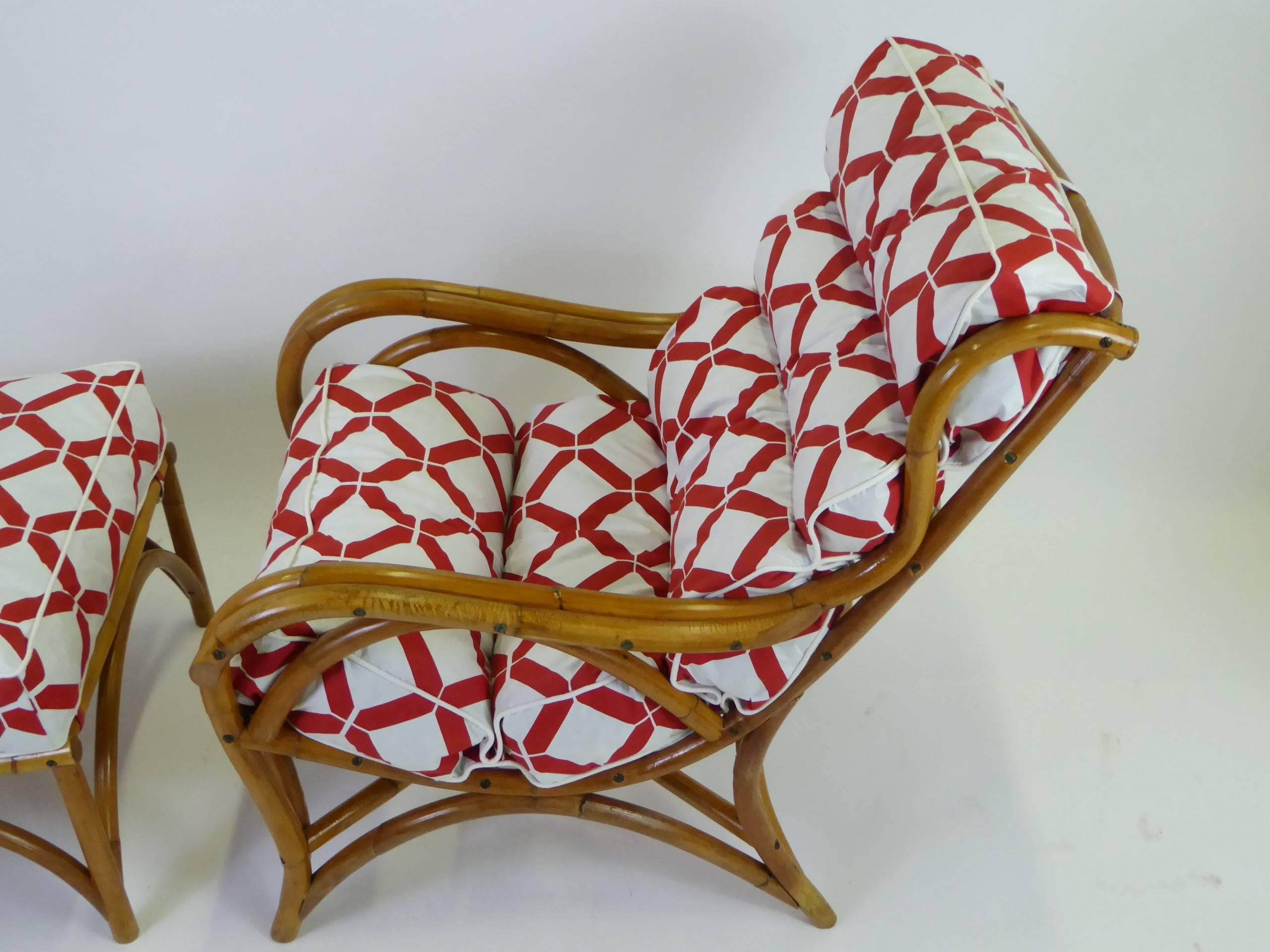 Mid-Century Modern 1940s Rattan Lounge Chair and Ottoman Paul Frankl Willow and Reed Style