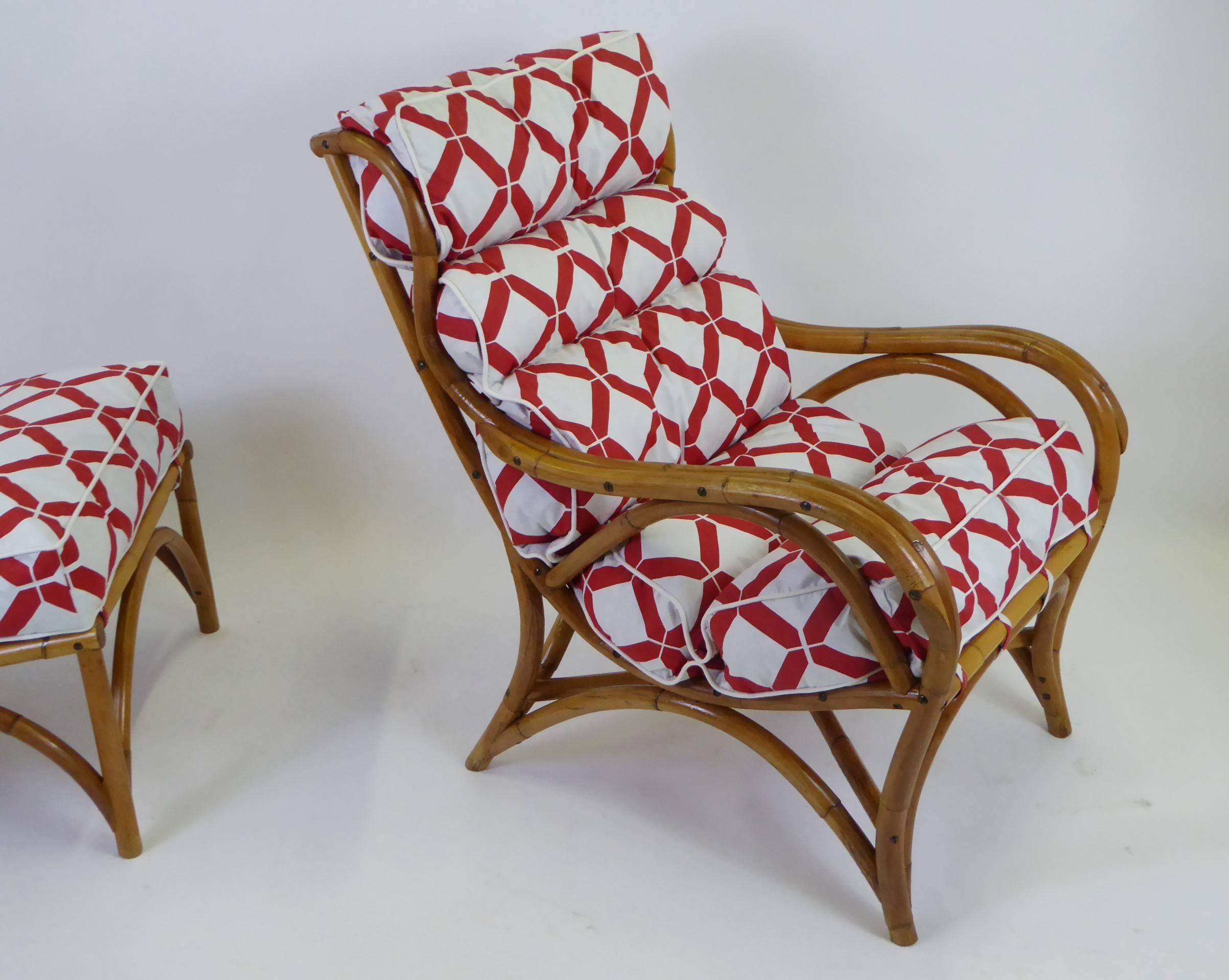 1940s Rattan Lounge Chair and Ottoman Paul Frankl Willow and Reed Style 1