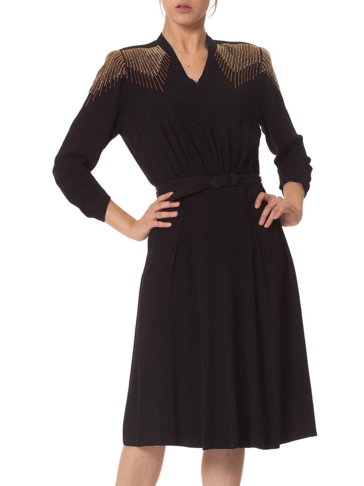 1940S  Black Rayon Belted Dress With Deco Beaded Shoulders For Sale 1