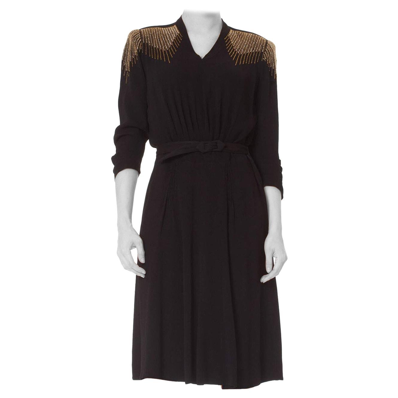 1940S  Black Rayon Belted Dress With Deco Beaded Shoulders For Sale