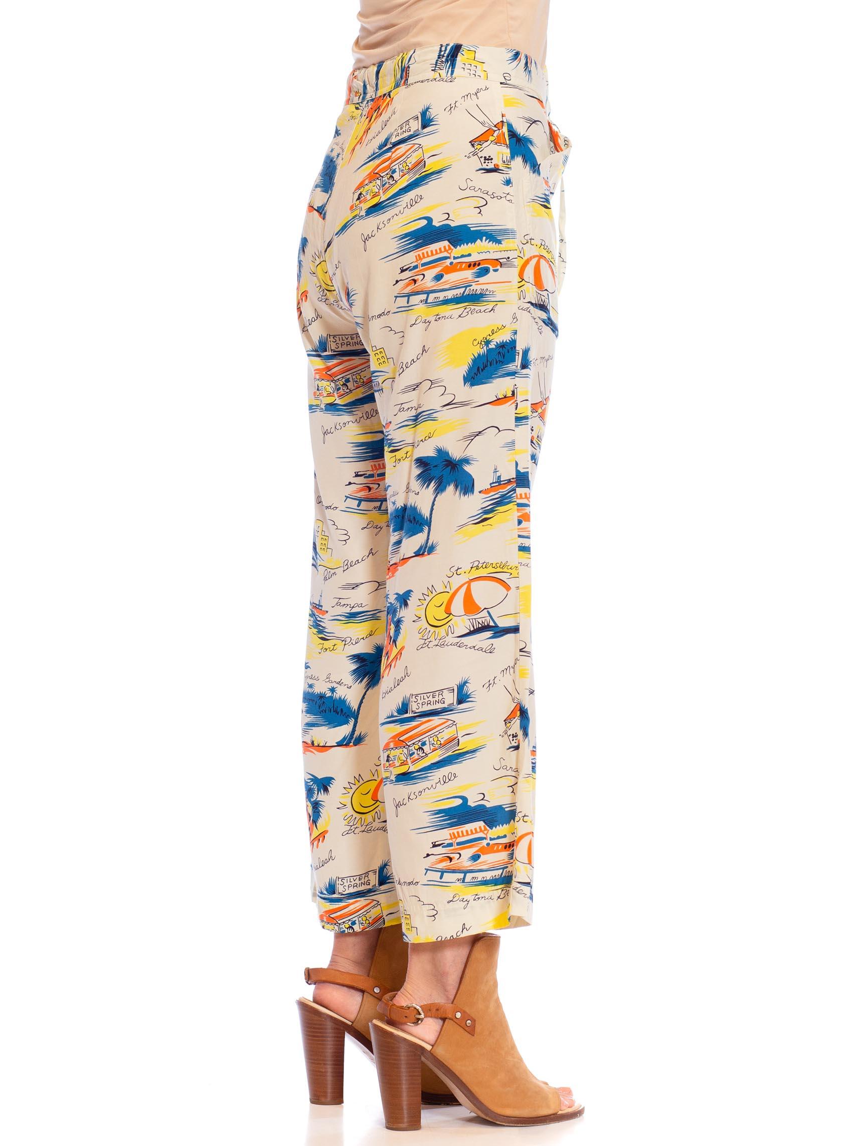 1940S Rayon Florida Themed Tropical Beach Pants In Excellent Condition For Sale In New York, NY