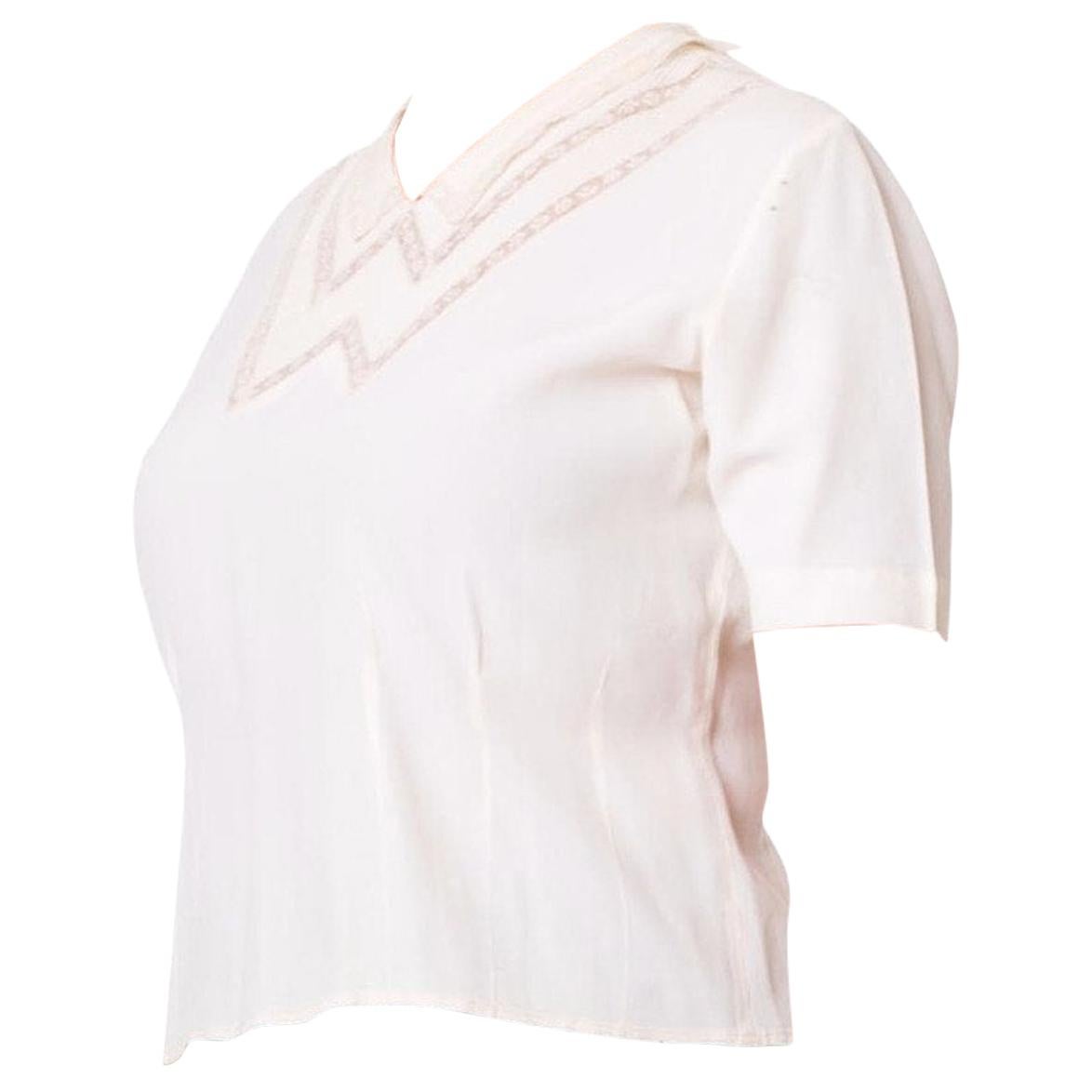 1940S  Off White Rayon Crepe Blouse With Pin-Tuck & Insertion Lace Collar For Sale