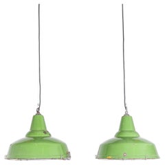 1940's Real Industrial Enamel Green Single Pendant Lamp - 16 Inch Caged Pair