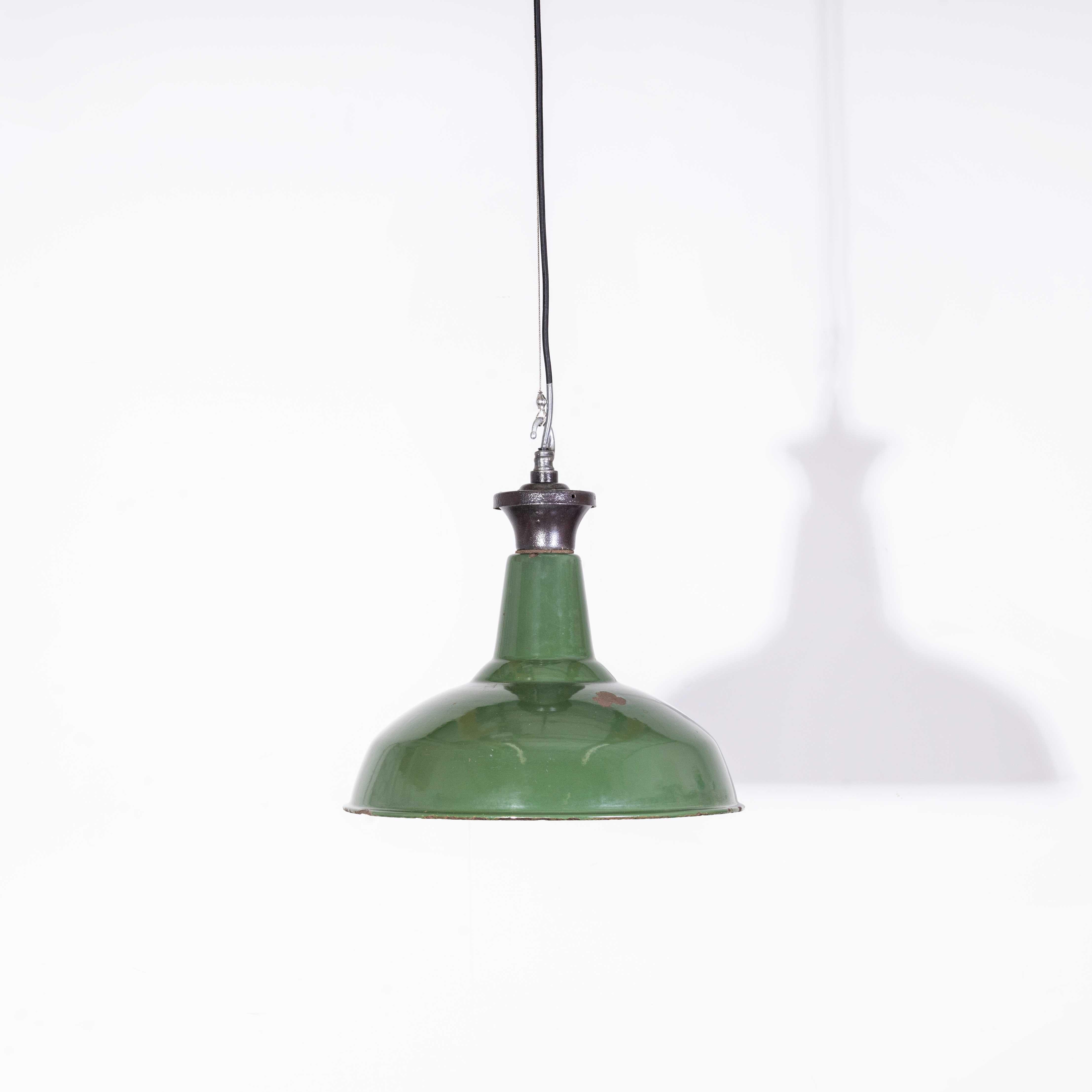 Mid-20th Century 1940's Real Industrial Enamel Green Single Pendant Lamp - 16 Inch For Sale