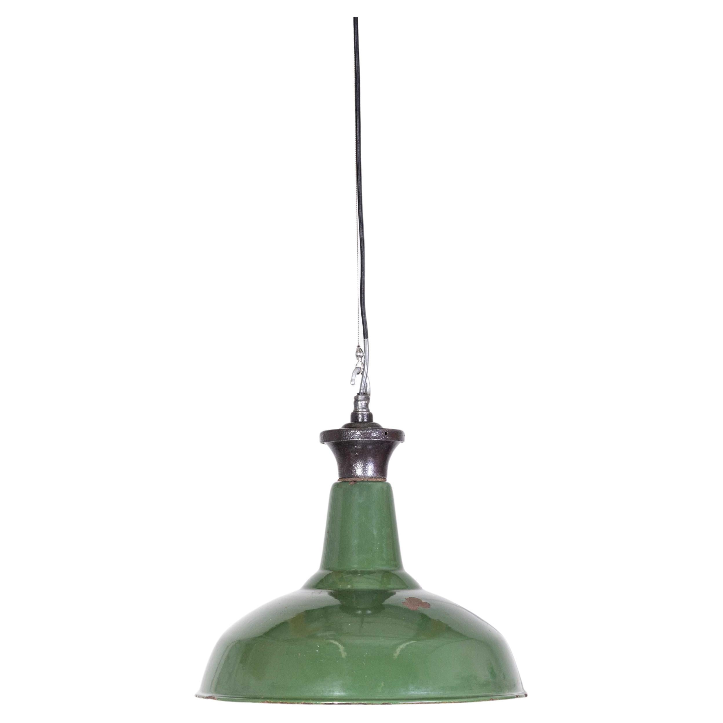 1940's Real Industrial Enamel Green Single Pendant Lamp - 16 Inch For Sale