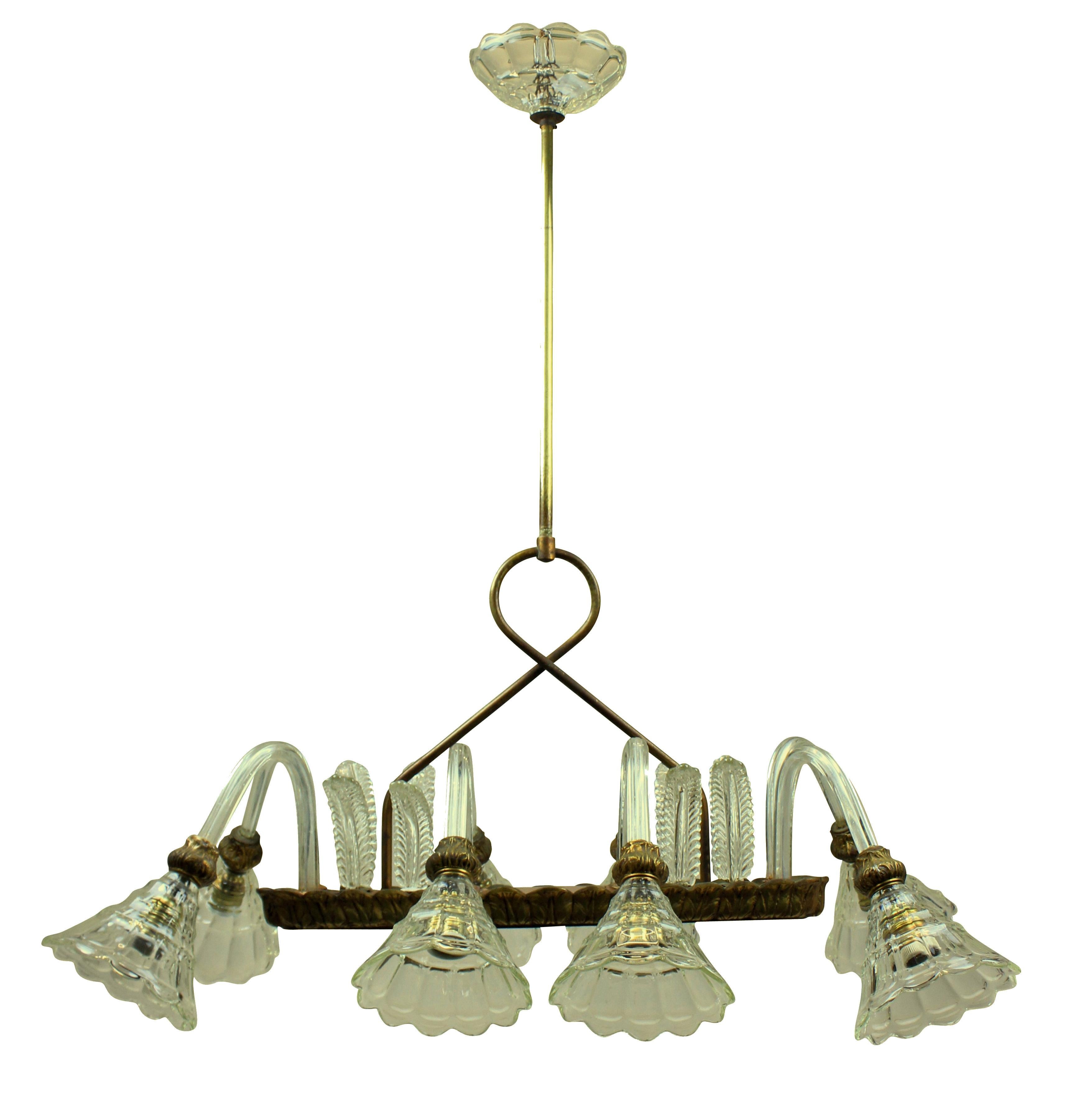 An eight-arm Barovier light of rectangular design. With hand blown leaves, arms and cups and brass fittings.