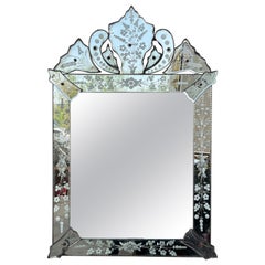 1940s Rectangular Venetian Mirror with Hand Etched Designs and Crest 1940s Rectangular Venetian Mirror with Hand Etched Designs and Crest
