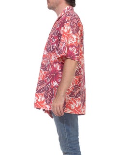 1940S Red & Burgundy Hawaiian Cotton Leaf Print Shirt