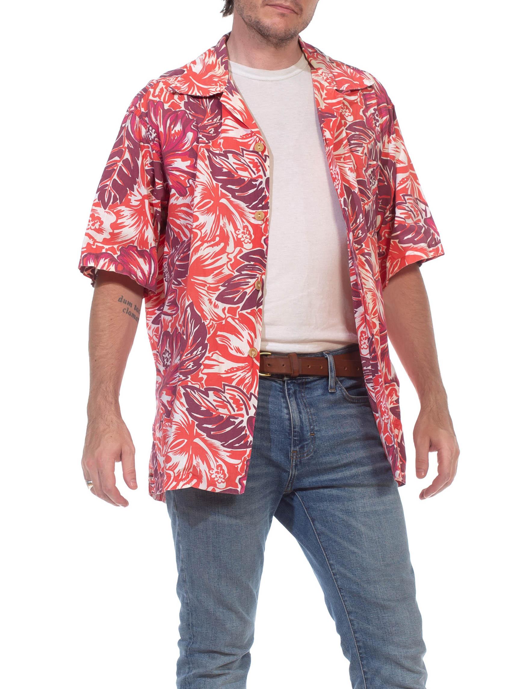 Men's 1940S Red & Burgundy Hawaiian Cotton Leaf Print Shirt For Sale