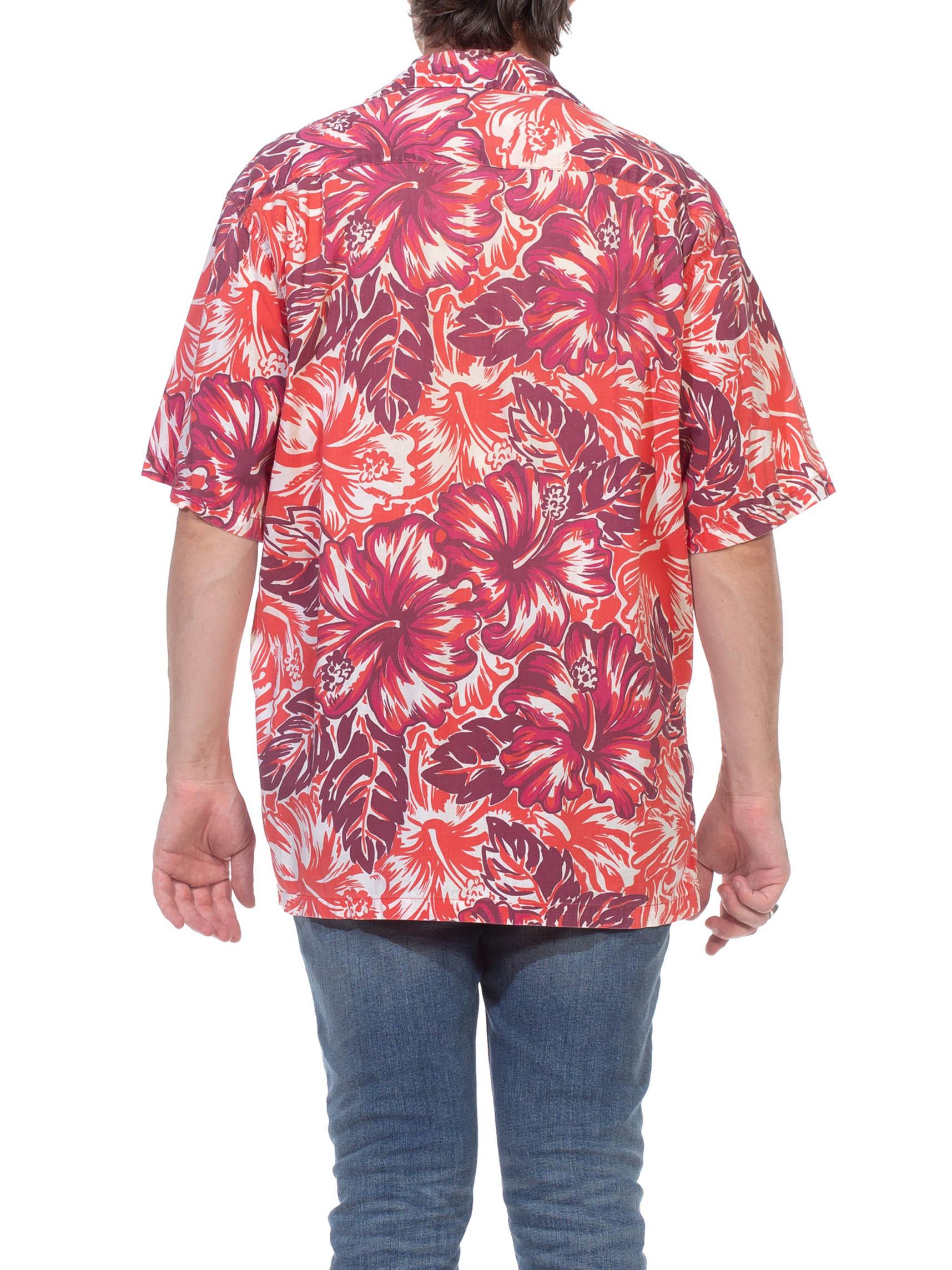 1940S Red & Burgundy Hawaiian Cotton Leaf Print Shirt For Sale 1