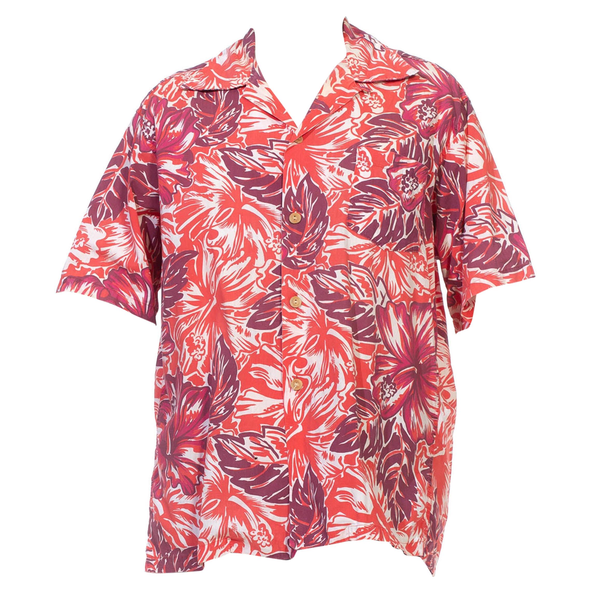 1940S Red & Burgundy Hawaiian Cotton Leaf Print Shirt For Sale