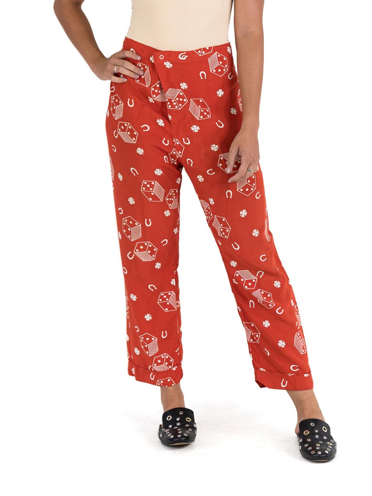 1940S Red Cold Rayon Lucky Horseshoe and Dice Novelty Print Pajama