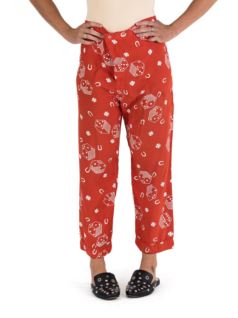 1940S Red Cold Rayon Lucky Horseshoe and Dice Novelty Print Pajama