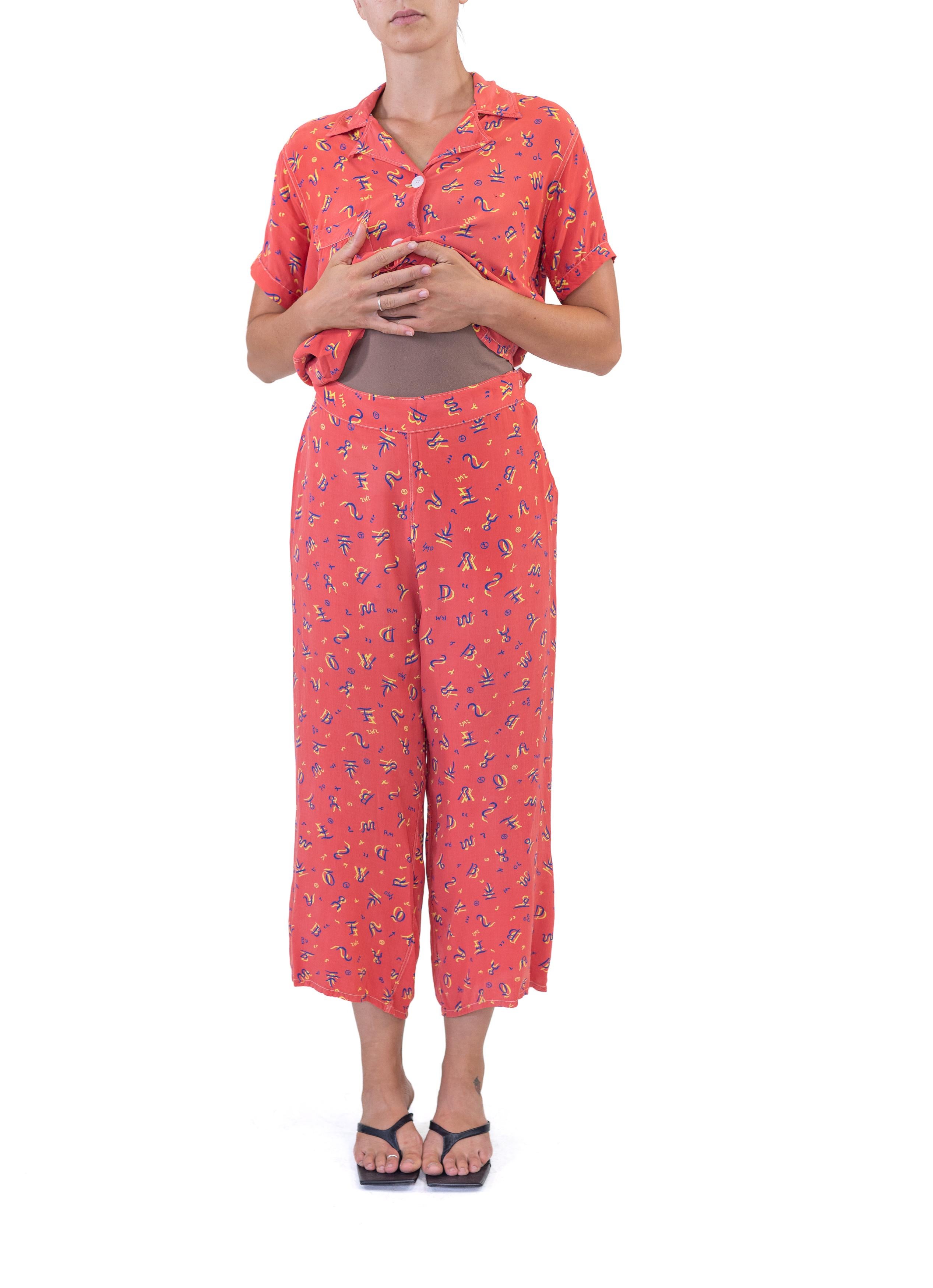 1940S Red Cold Rayon Western Cattle Brand Cowboy Novelty Print Pajamas For Sale 3