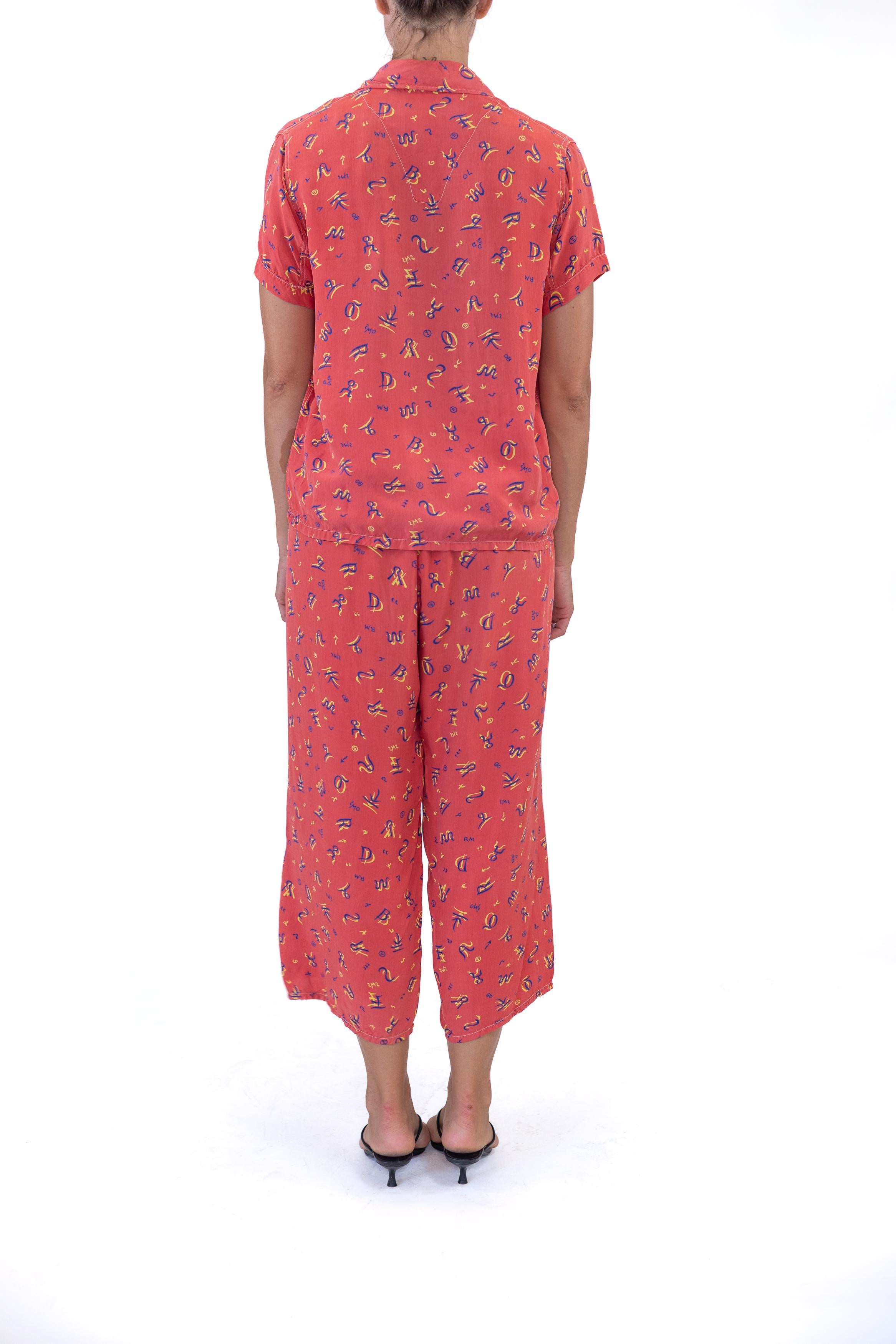 Women's 1940S Red Cold Rayon Western Cattle Brand Cowboy Novelty Print Pajamas For Sale