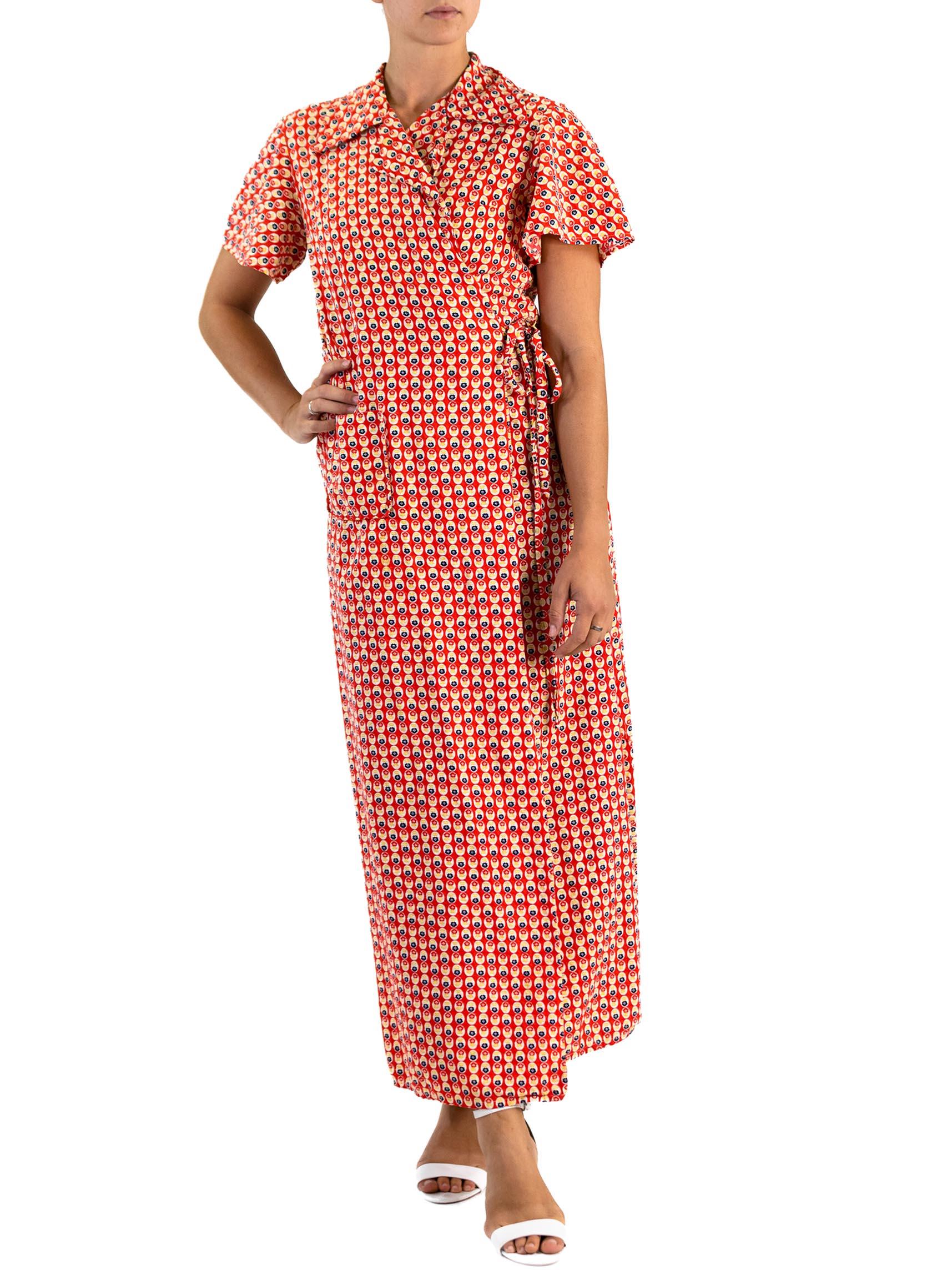 Women's 1940S Red Cotton Yellow Dot Print Wrap House Dress For Sale