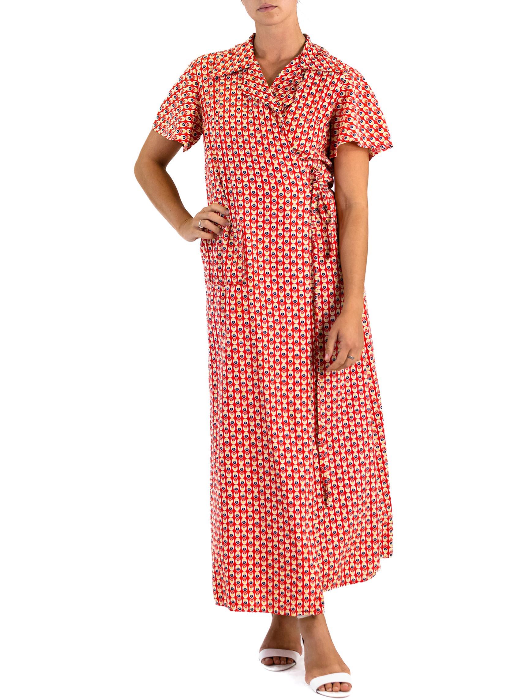 1940S Red Cotton Yellow Dot Print Wrap House Dress For Sale 1
