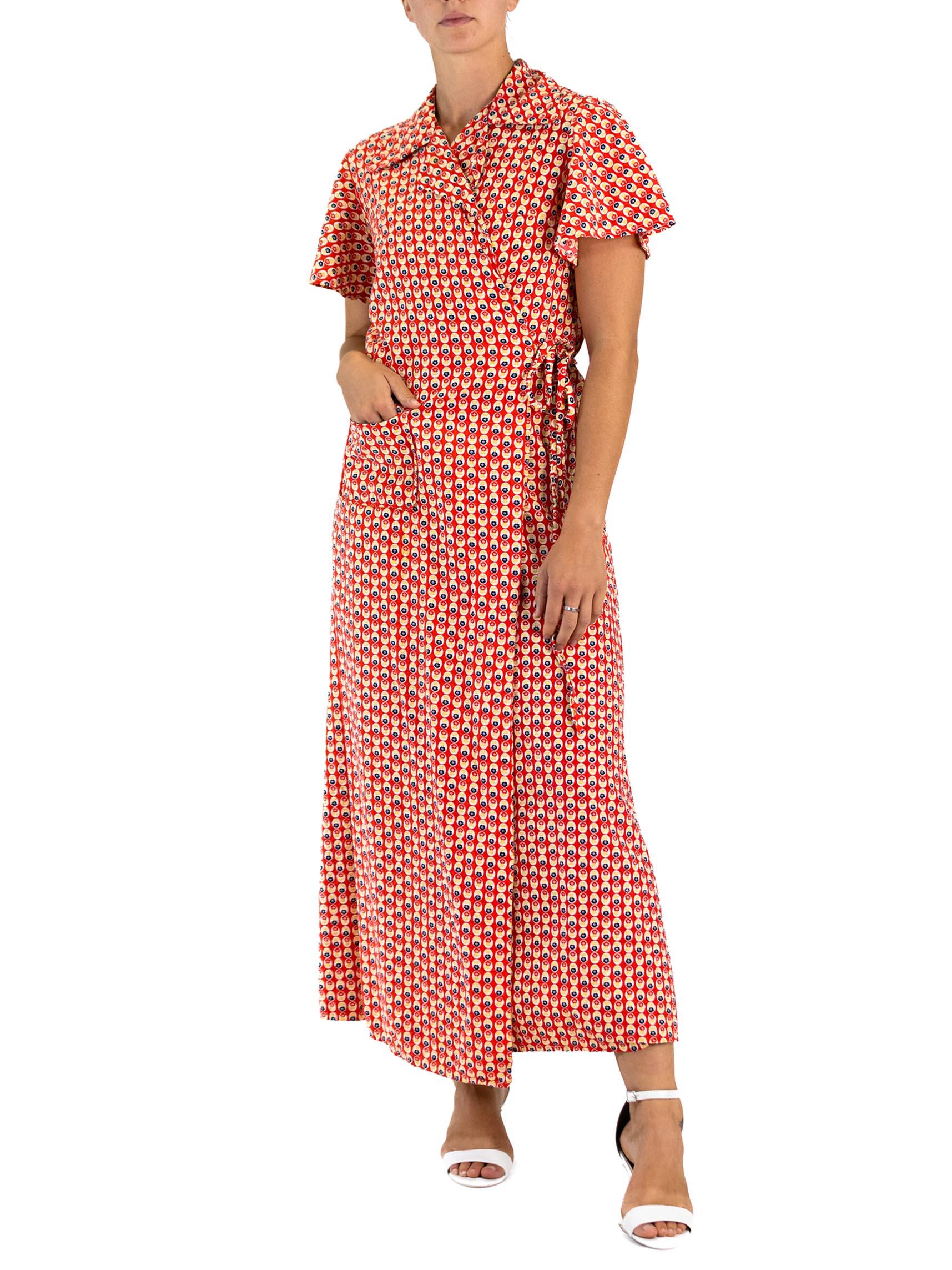 1940S Red Cotton Yellow Dot Print Wrap House Dress For Sale 2