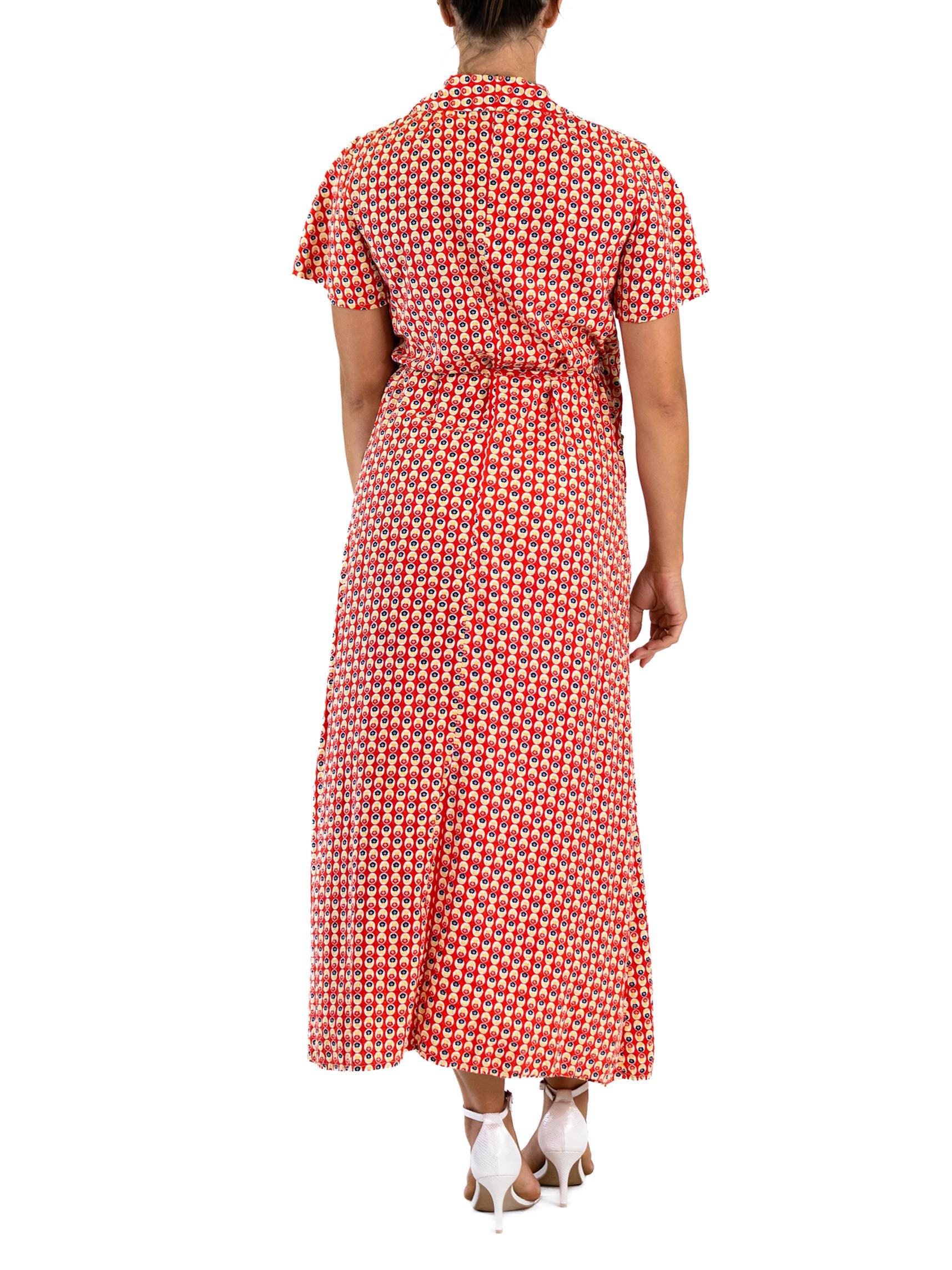 1940S Red Cotton Yellow Dot Print Wrap House Dress For Sale 3