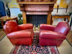 1940s Red Leather Camelback French Art Deco Club Chairs, a Pair