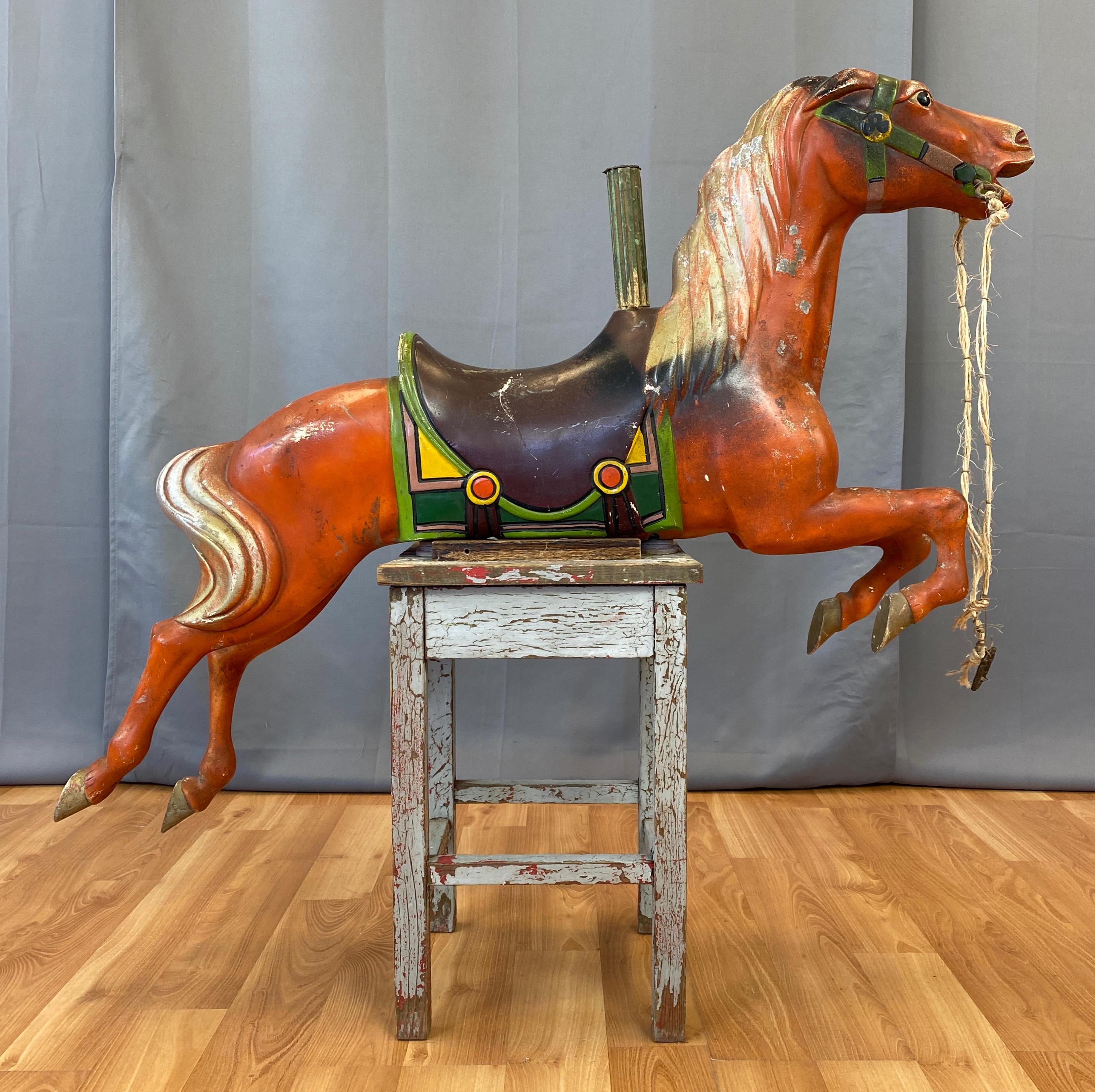 Folk Art 1940s Red Metal Carousel Horse w/Custom Shabby Chic Style Stand