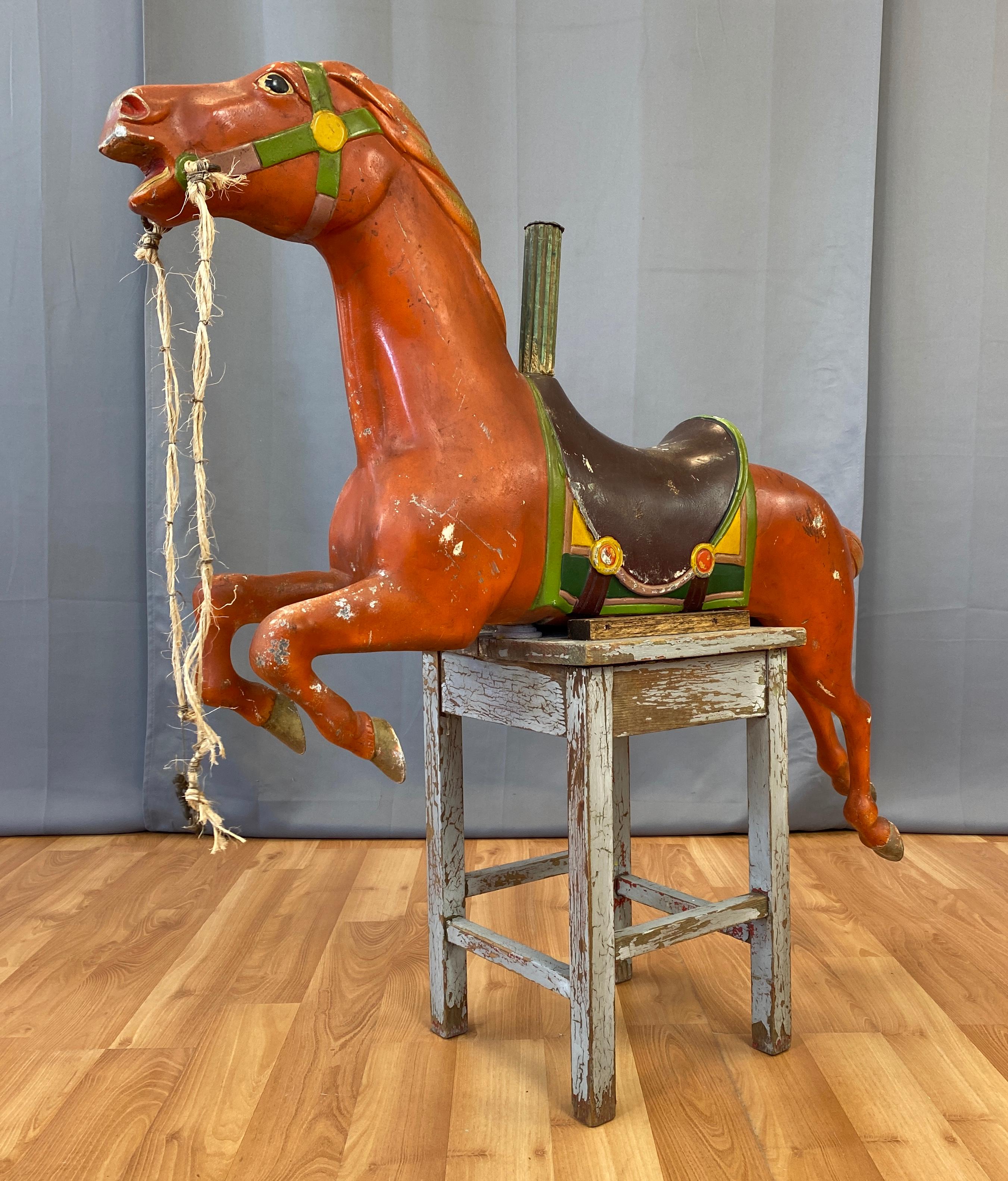 American 1940s Red Metal Carousel Horse w/Custom Shabby Chic Style Stand