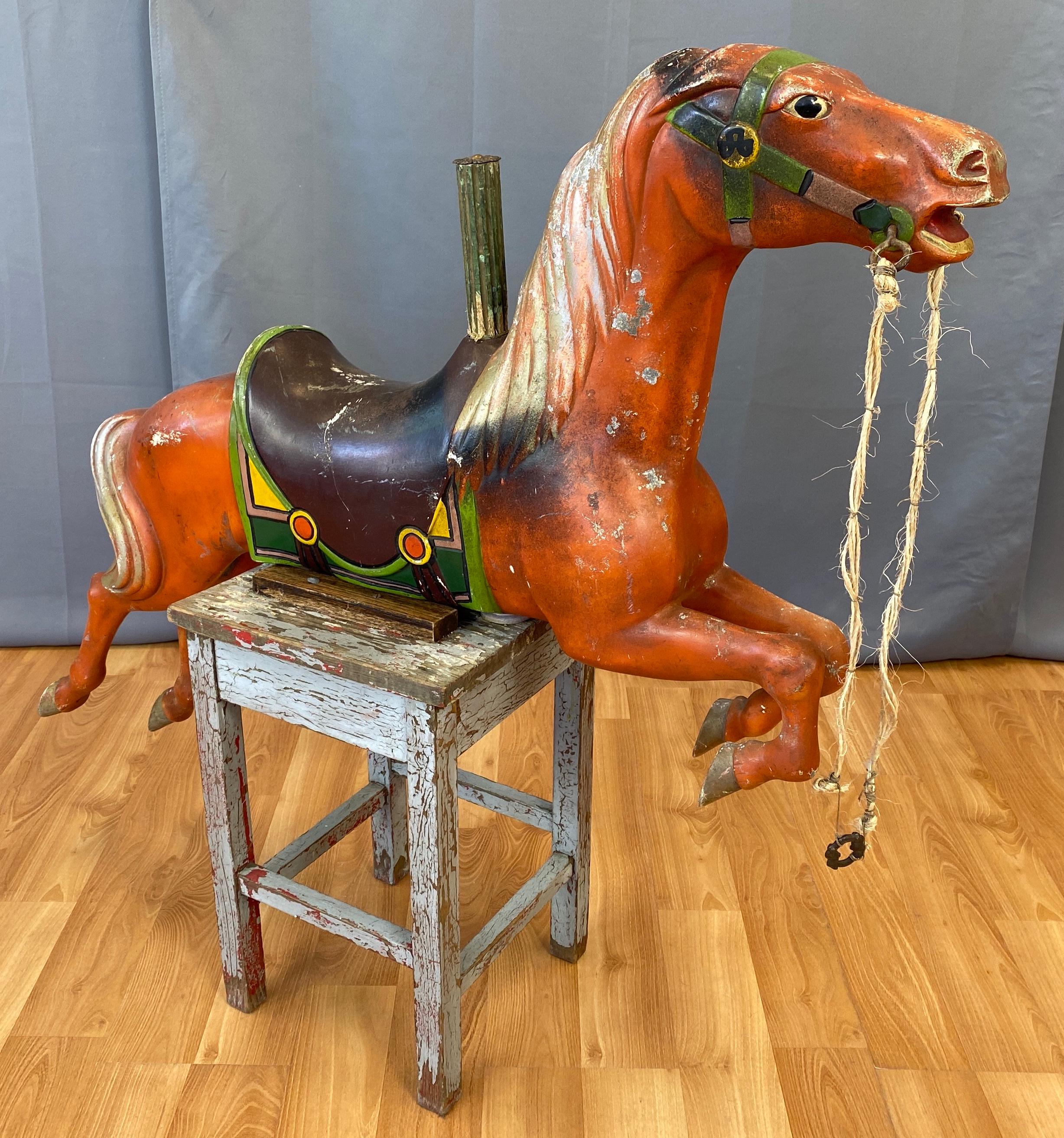 1940s Red Metal Carousel Horse w/Custom Shabby Chic Style Stand In Good Condition In San Francisco, CA