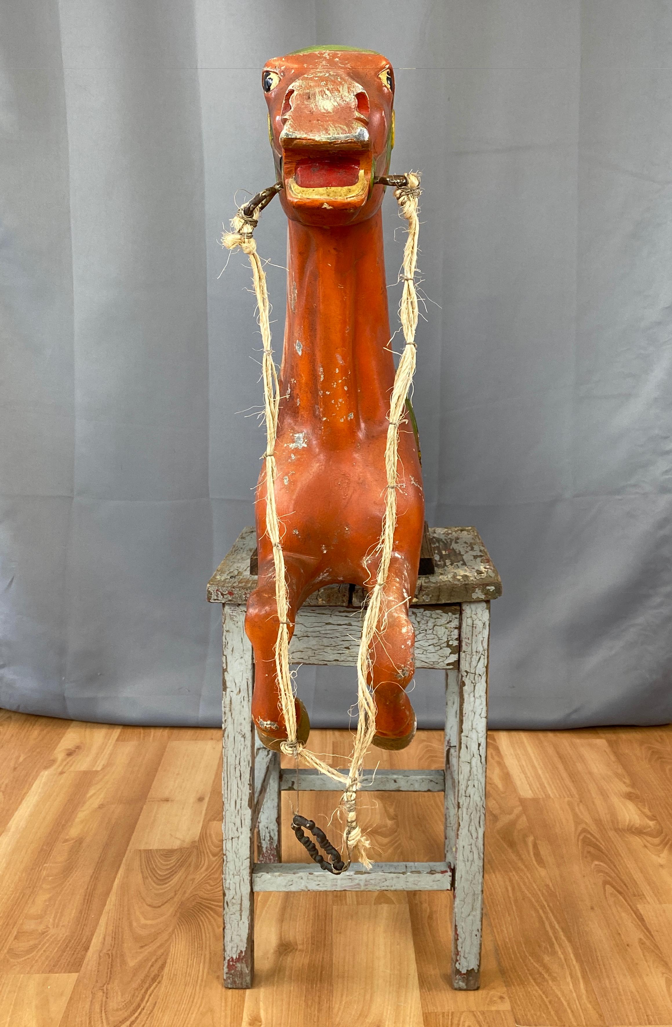Mid-20th Century 1940s Red Metal Carousel Horse w/Custom Shabby Chic Style Stand