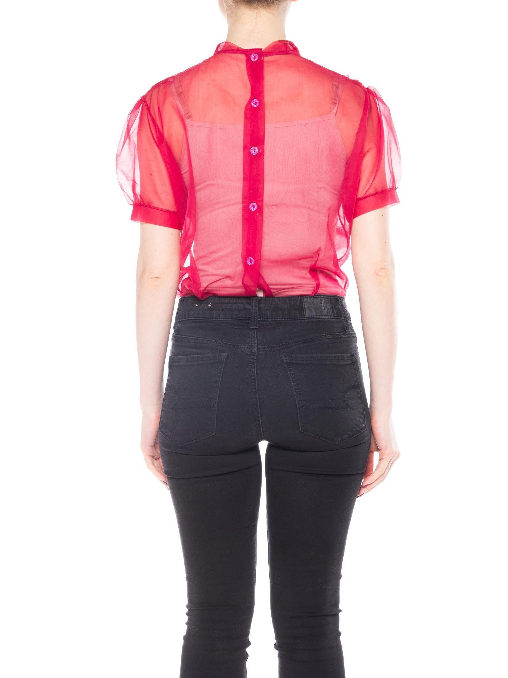 1950S Red Sheer Nylon Short Sleeve Ruffled Top In Excellent Condition In New York, NY