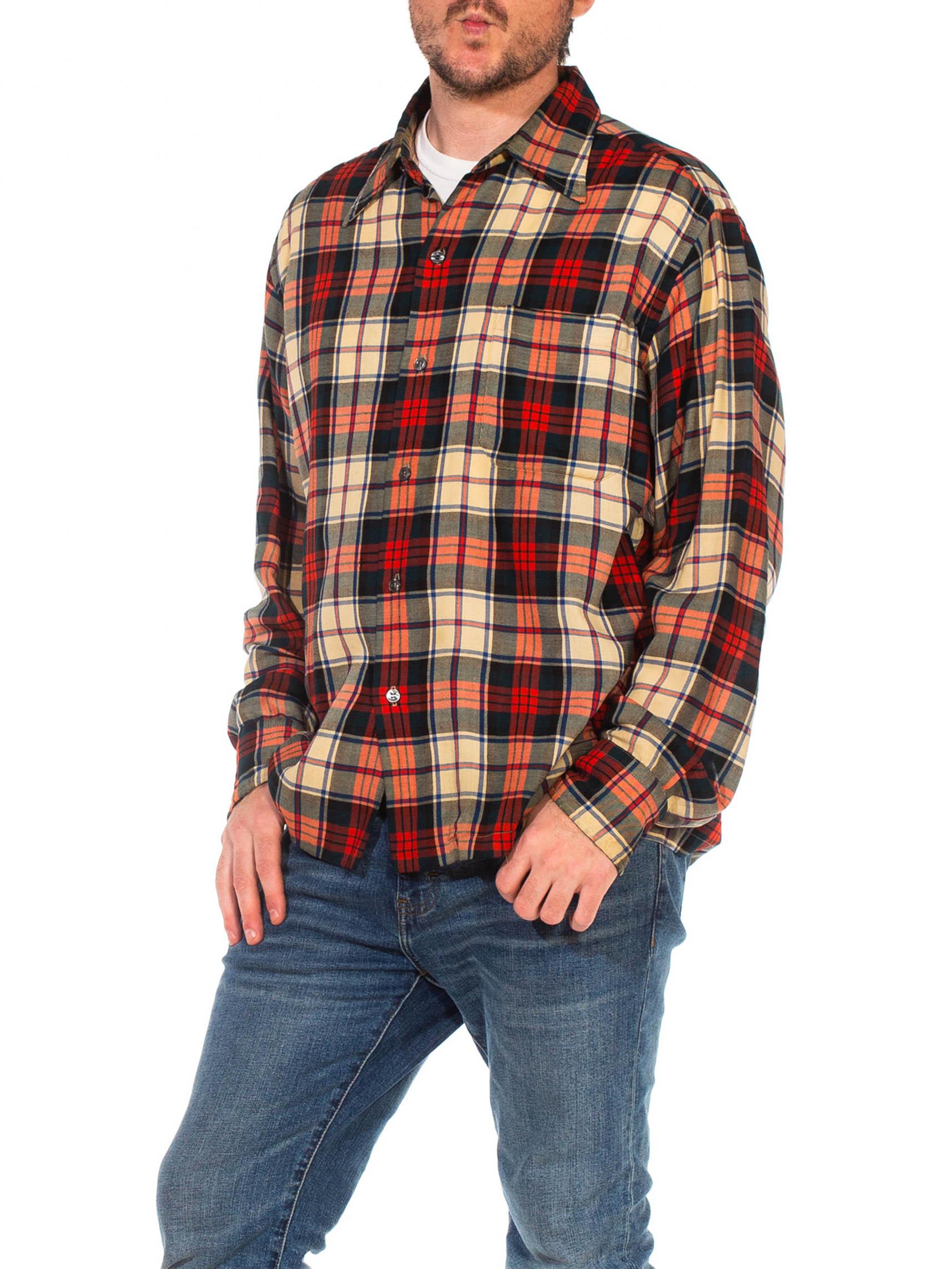 Black 1940S Red Plaid Wool/Cotton Lightweight Men's Shirt For Sale