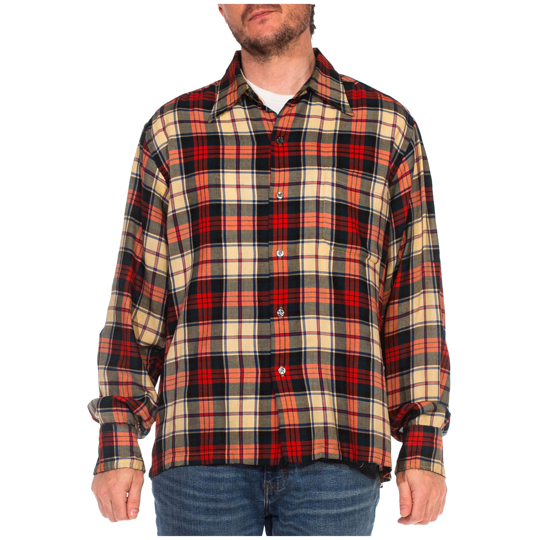 1940S Red Plaid Wool/Cotton Lightweight Men's Shirt For Sale