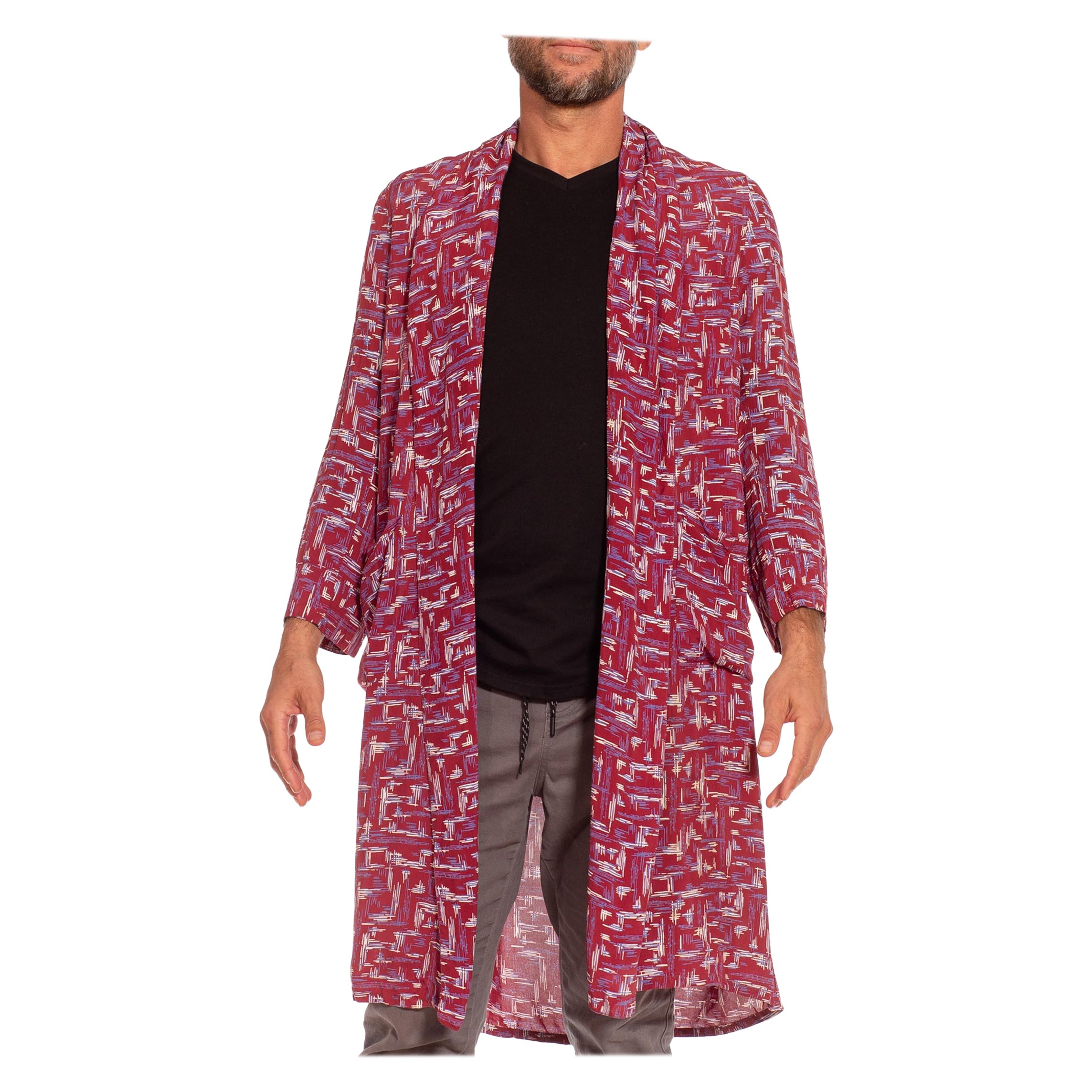 Robe en rayonne rouge et violette à imprimé atomique des années 1940