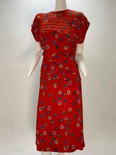 1940s Red Rayon Print Crepe Swing Dress With Pleated Peplum and Shoulders