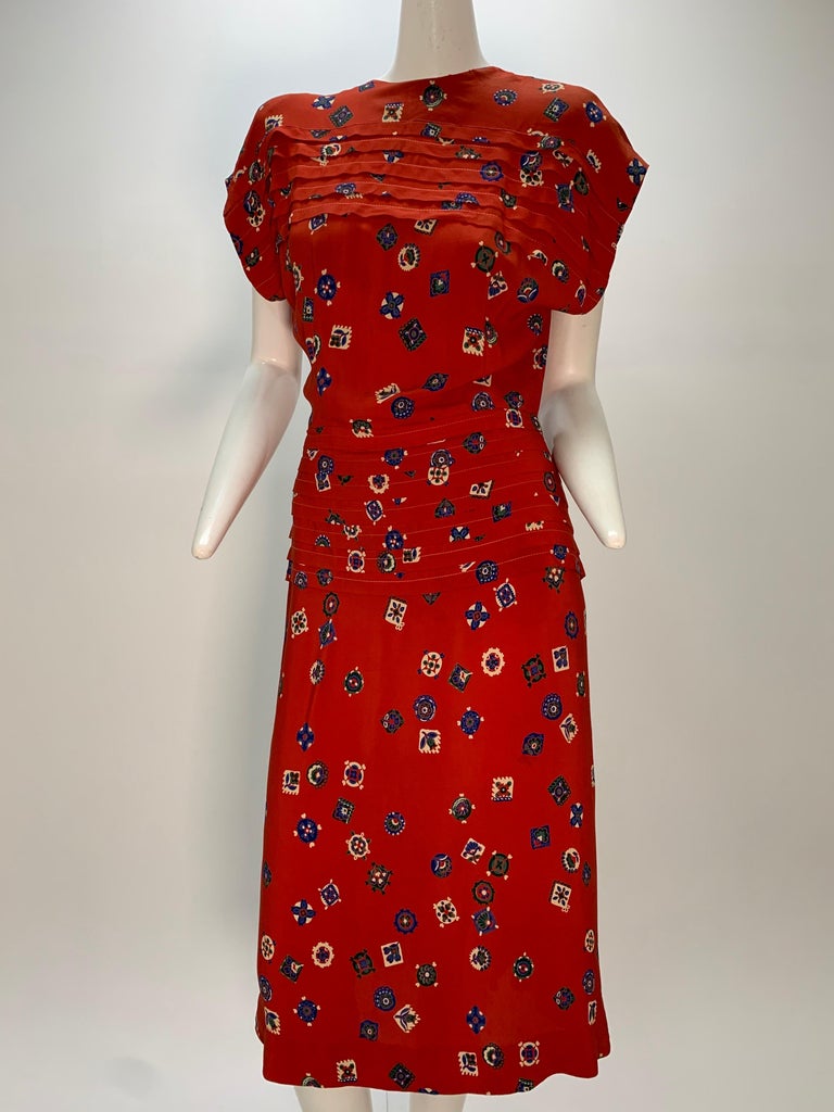 1940s Red Rayon Print Crepe Swing Dress with Pleated Peplum and Shoulders