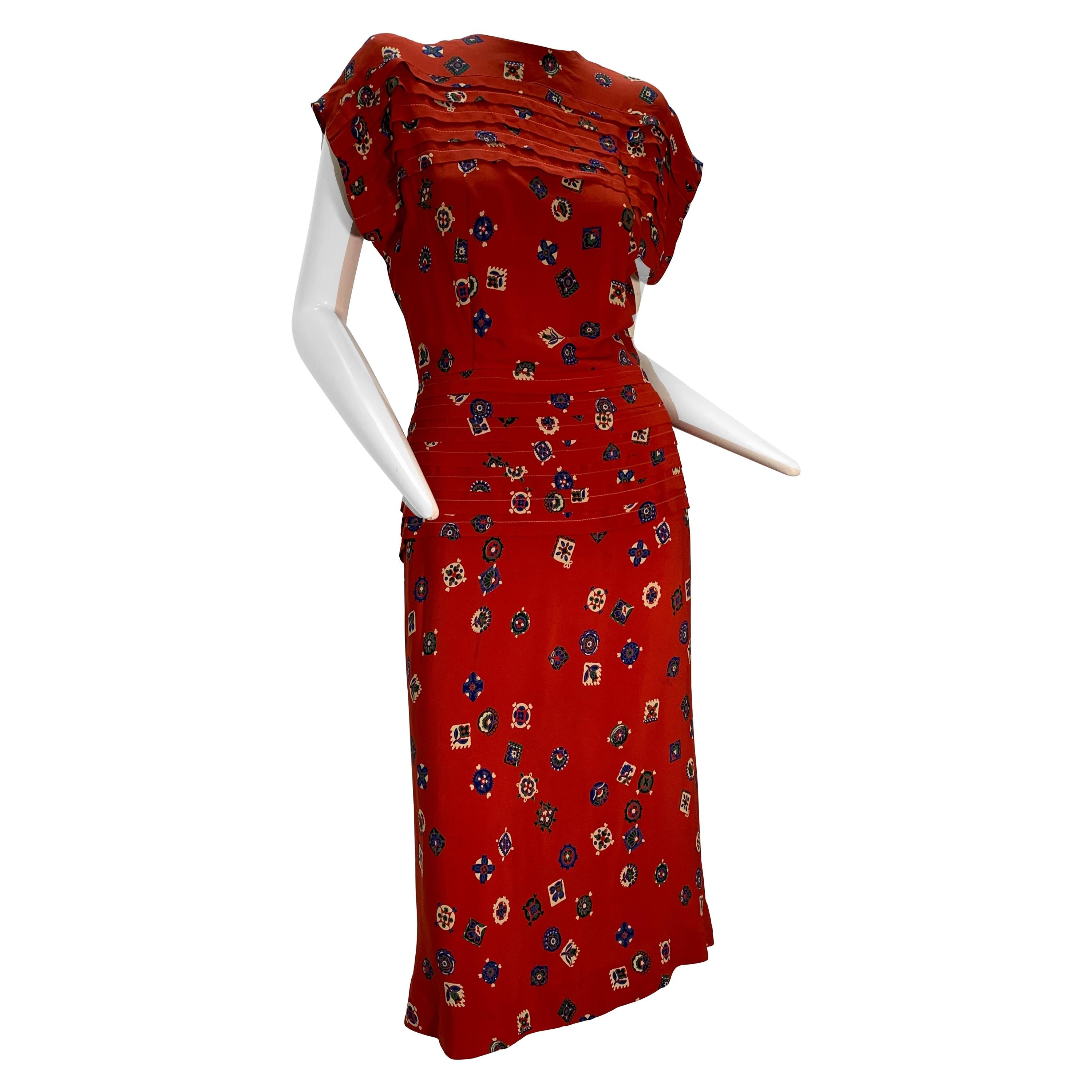 1940s Red Rayon Print Crepe Swing Dress With Pleated Peplum and Shoulders