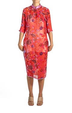 1940S Red Rayon & Silk Burnout Velvet Chinese  Slip Dress