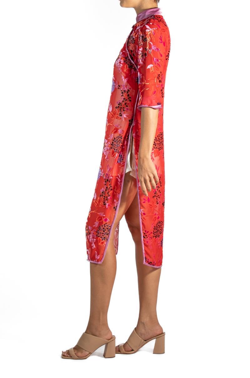 1940S Red Rayon & Silk Burnout Velvet Chinese  Slip Dress In Excellent Condition For Sale In New York, NY